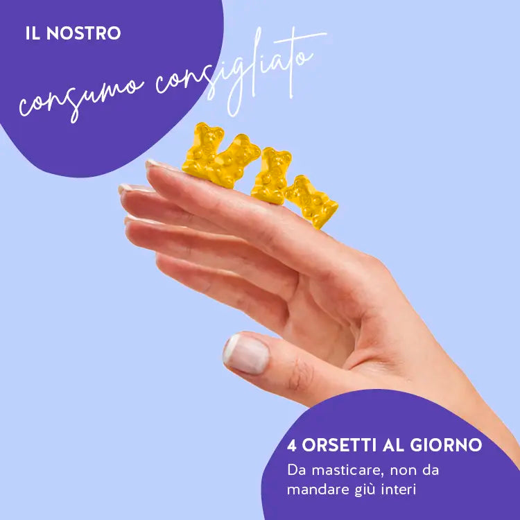Questa immagine mostra l'assunzione raccomandata per gli orsetti You Glow, Girl Skin con biotina, zinco e acido ialuronico. 4 pezzi al giorno - da masticare, non ingerire interi.