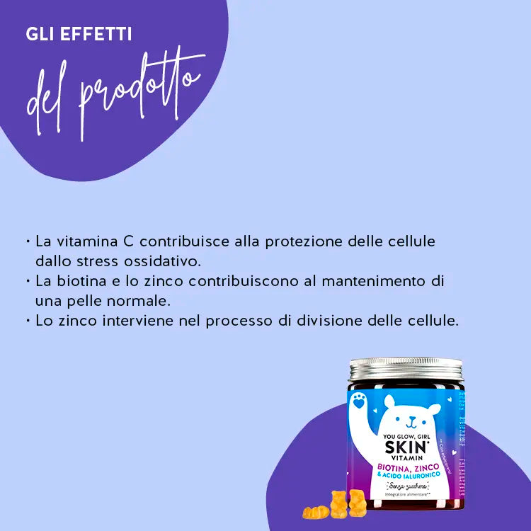 You Glow, Girl Skin con biotina, zinco e acido ialuronico: la vitamina C aiuta a proteggere le cellule dallo stress ossidativo. La biotina e lo zinco contribuiscono al mantenimento di una pelle normale. Lo zinco ha una funzione nella divisione cellulare.