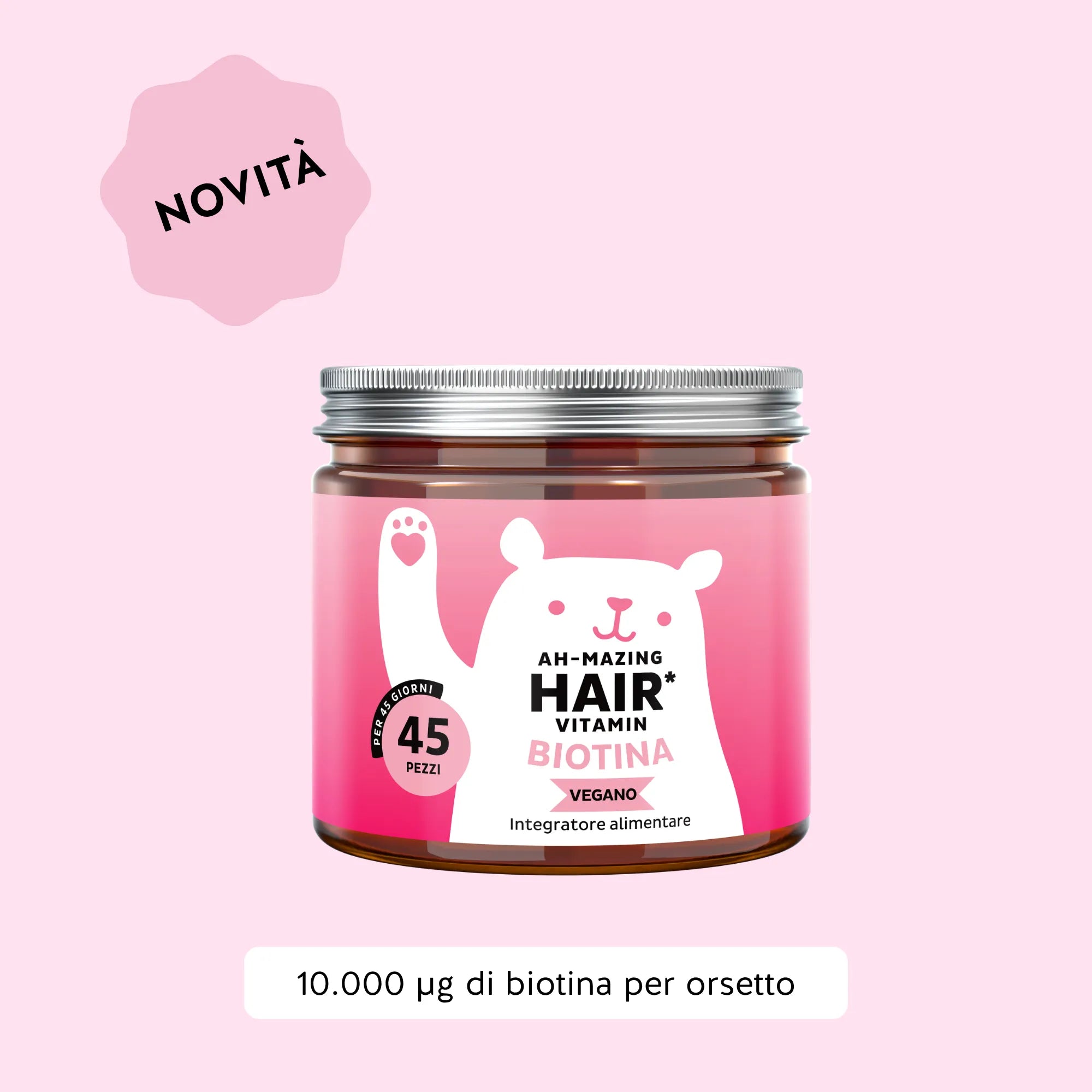Immagine del barattolo con 45 orsetti gommosi Ah-mazing Hair* di Bears with Benefits, vitamine per capelli con biotina in formato caramelle gommose per supportare capelli, pelle e unghie.