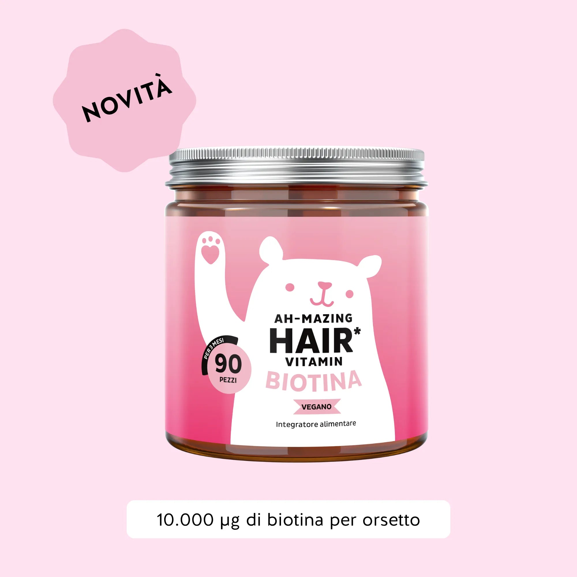 Bears with Benefits Ah-Mazing Hair* Biotina – Orsetti gommosi con biotina ad alta concentrazione, zinco, vitamina C ed E per capelli normali, pelle normale e unghie normali, formula vegana al gusto frutti di bosco da 90 unità.