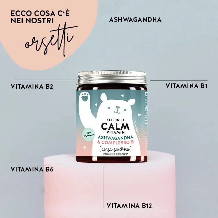 Questi ingredienti e nutrienti si trovano nelle Keepin' It Calm Vitamins di Bears with Benefits: Ashwagandha, Vitamina B1, Vitamine B2, Vitamina B6 e Vitamine B12