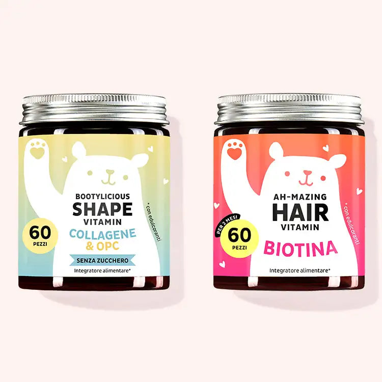 Set di 2 "Beauty and the Bum Duo" composto dalle Vitamine Bootylicious Shape con collagen e OPC e le Vitamine Ah-mazing Hair con biotina da Bears with Benefits