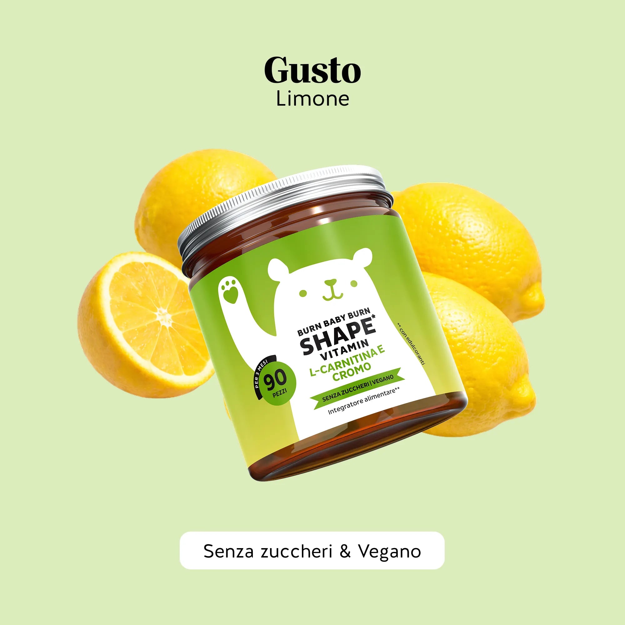 Bears with Benefits Burn Baby Burn Vitamin – Caramelle gommose al gusto naturale di limone con biotina, zinco, cromo, L-carnitina ed estratto di tè verde, 90 pezzi, senza zuccheri e vegane