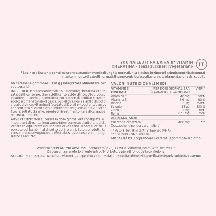 Etichetta con i valori nutrizionali e gli ingredienti del prodotto You Nailed It con Cheratina da Bears with Benefits