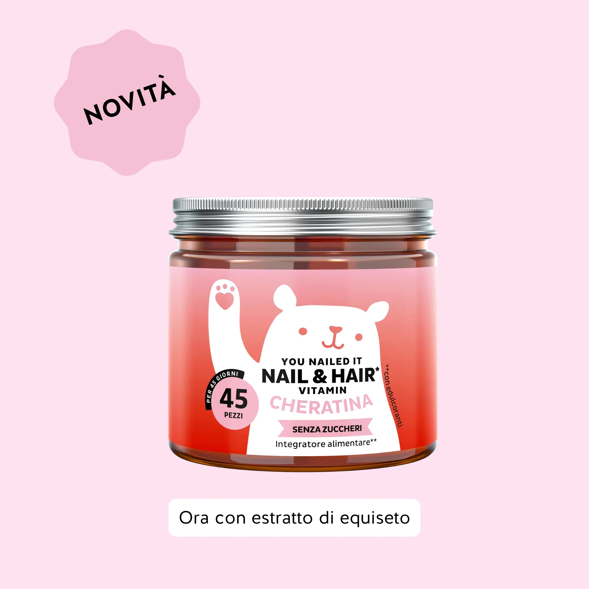 Bears with Benefits You Nailed It Nail & Hair – Caramelle gommose vegetariane con cheratina idrolizzata, biotina e zinco per supportare unghie forti e capelli sani dall’interno. Barattolo con 45 caramelle gommose gusto pesca.