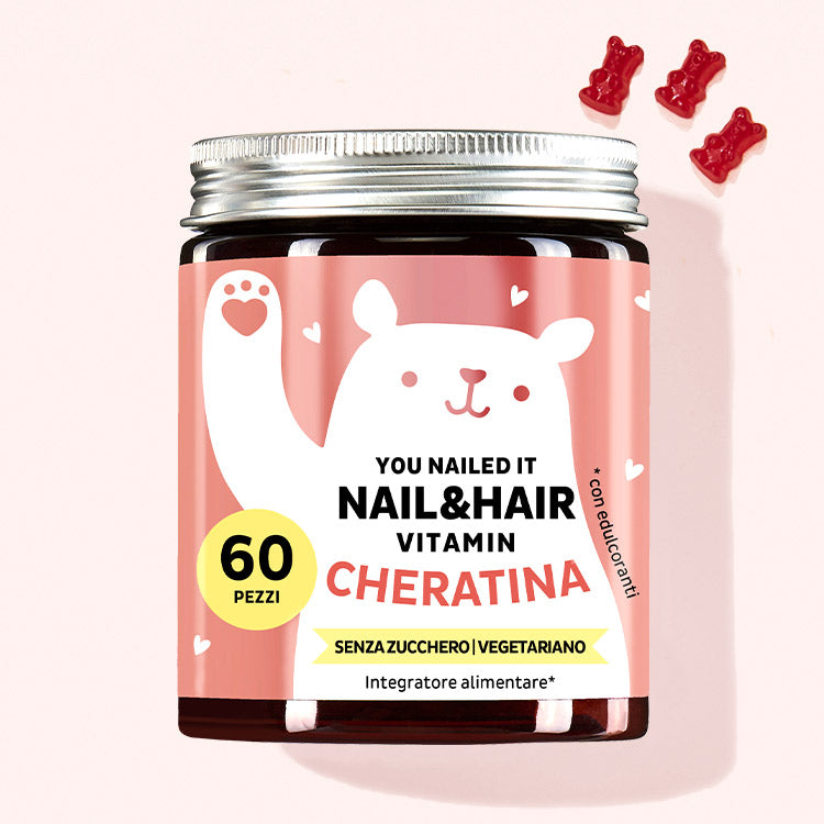 In questa immagine è raffigurata una confezione del prodotto You Nailed it Nail & Hair con cheratina di Bears with Benefits.