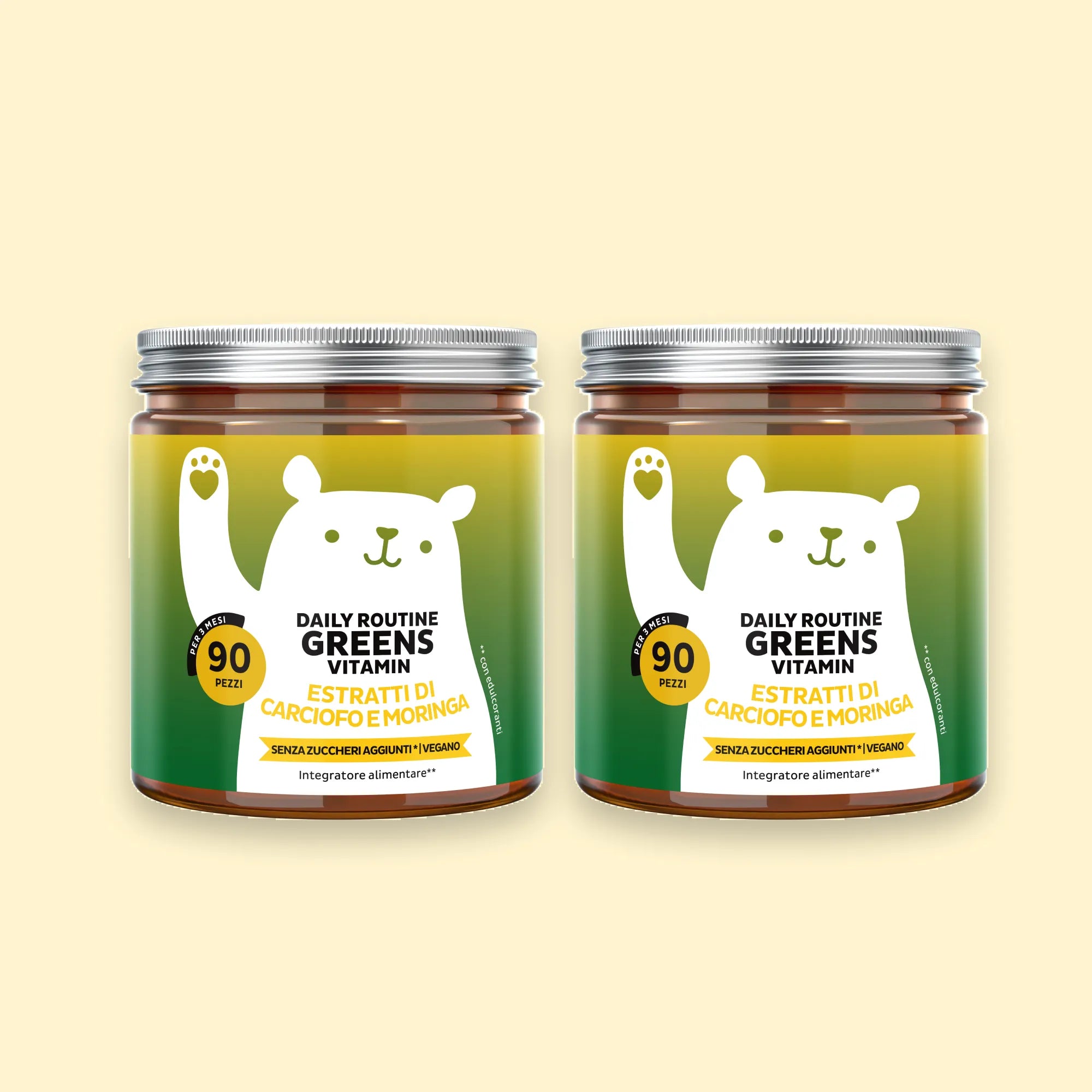 Bears with Benefits DAILY ROUTINE GREENS VITAMIN – confezione doppia da 180 orsetti (2 × 90), orsetti gommosi vegani senza zuccheri aggiunti con 8 estratti vegetali, vitamine e minerali per la routine quotidiana, gusto naturale di mirtillo e lampone