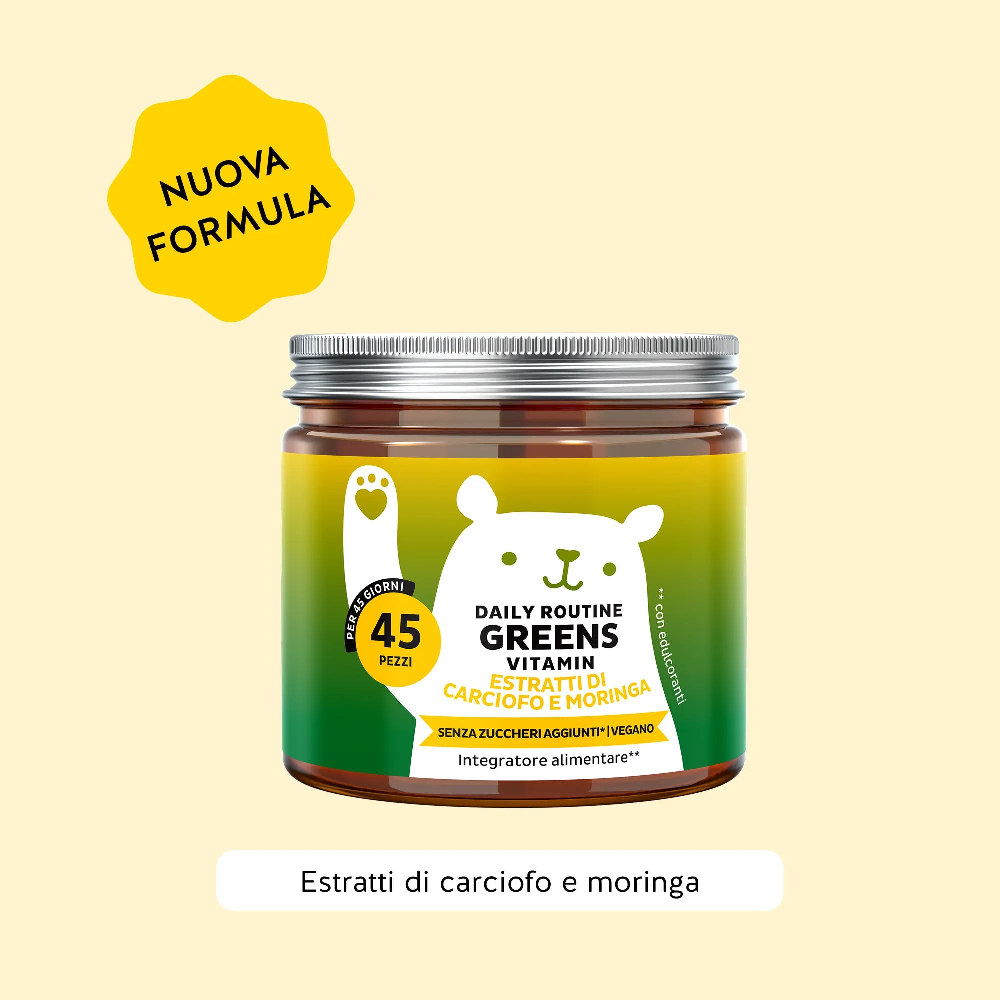 Bears with Benefits DAILY ROUTINE GREENS VITAMIN – orsetti gommosi vegani senza zuccheri aggiunti con 8 estratti vegetali, vitamine e minerali per energia, difese e concentrazione, confezione da 45 orsetti al gusto naturale di mirtillo e lampone