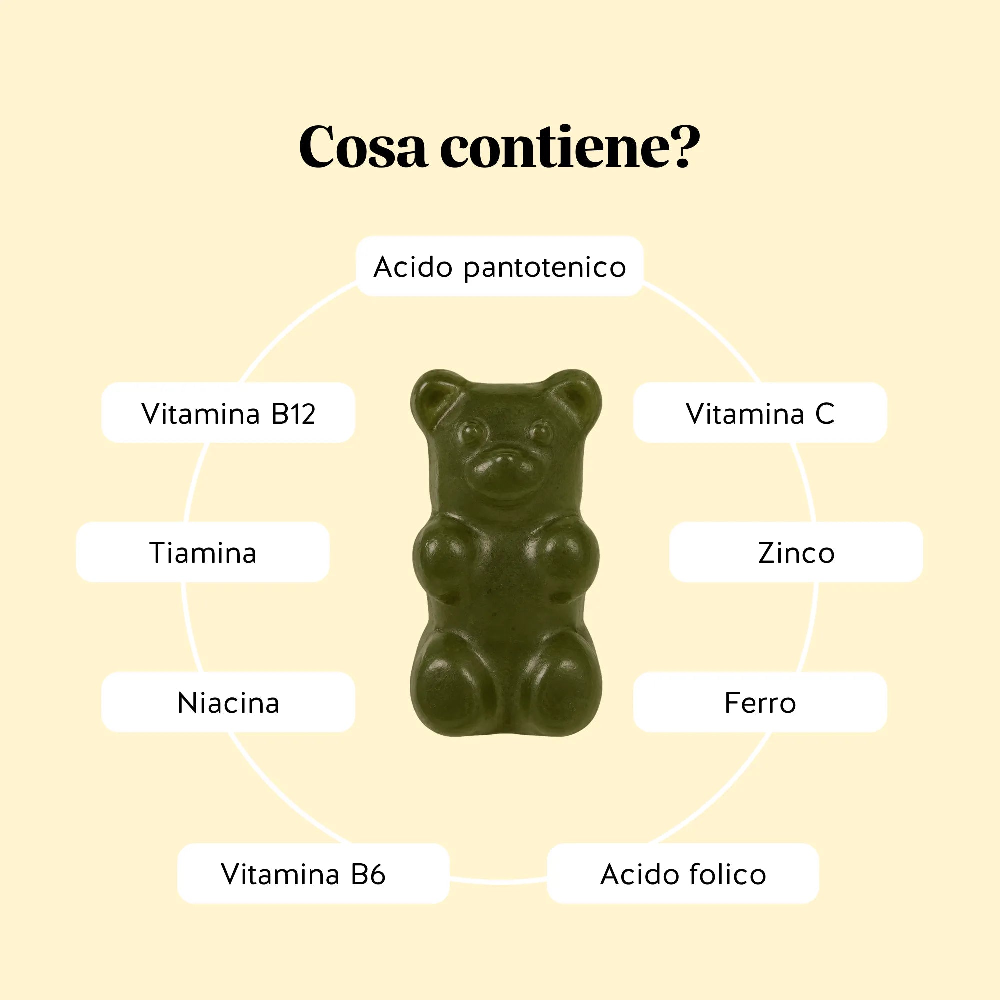 Bears with Benefits DAILY ROUTINE GREENS VITAMIN – quali ingredienti contiene: 8 estratti vegetali (carciofo, moringa, broccolo, erba d'orzo, clorella, prezzemolo, spinacio, sedano) con vitamina C, B12, tiamina, niacina, B6, acido folico, acido pantotenico, zinco e ferro