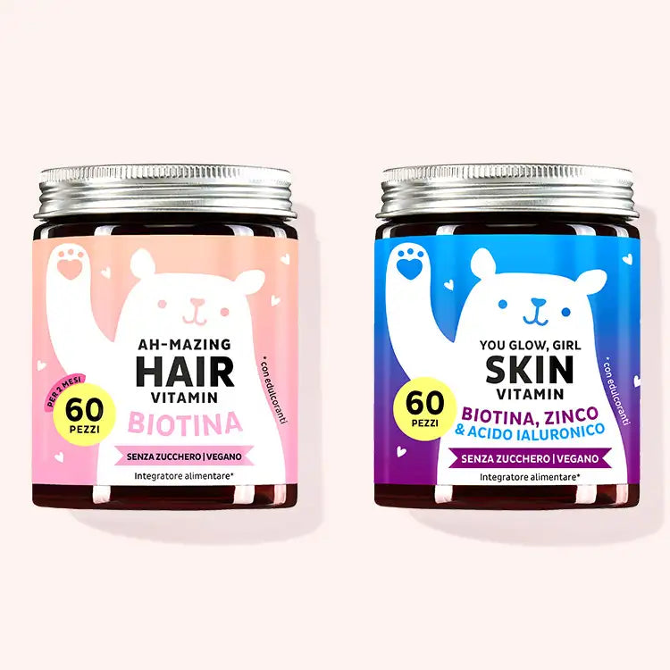 Set di 2 prodotti per pelle e capelli stressati di Bears with Benefits composto dalle Vitamine Ah-Mazing Hair con Biotina e dalle Vitamine You Glow, Girl con acido ialuronico .