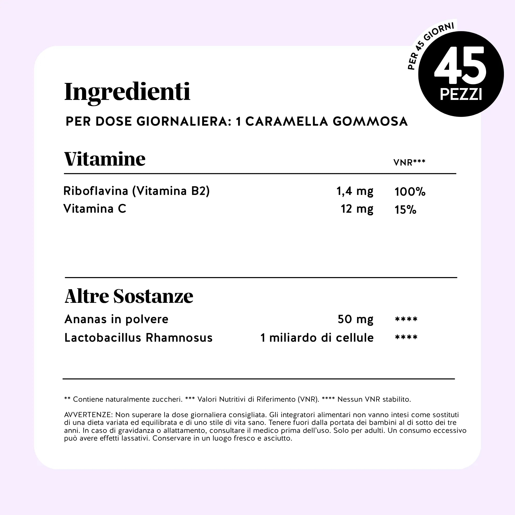 Tabella ingredienti di Intimate Balance Flora* Vitamin con fermenti lattici e nutrienti per il supporto della flora intima