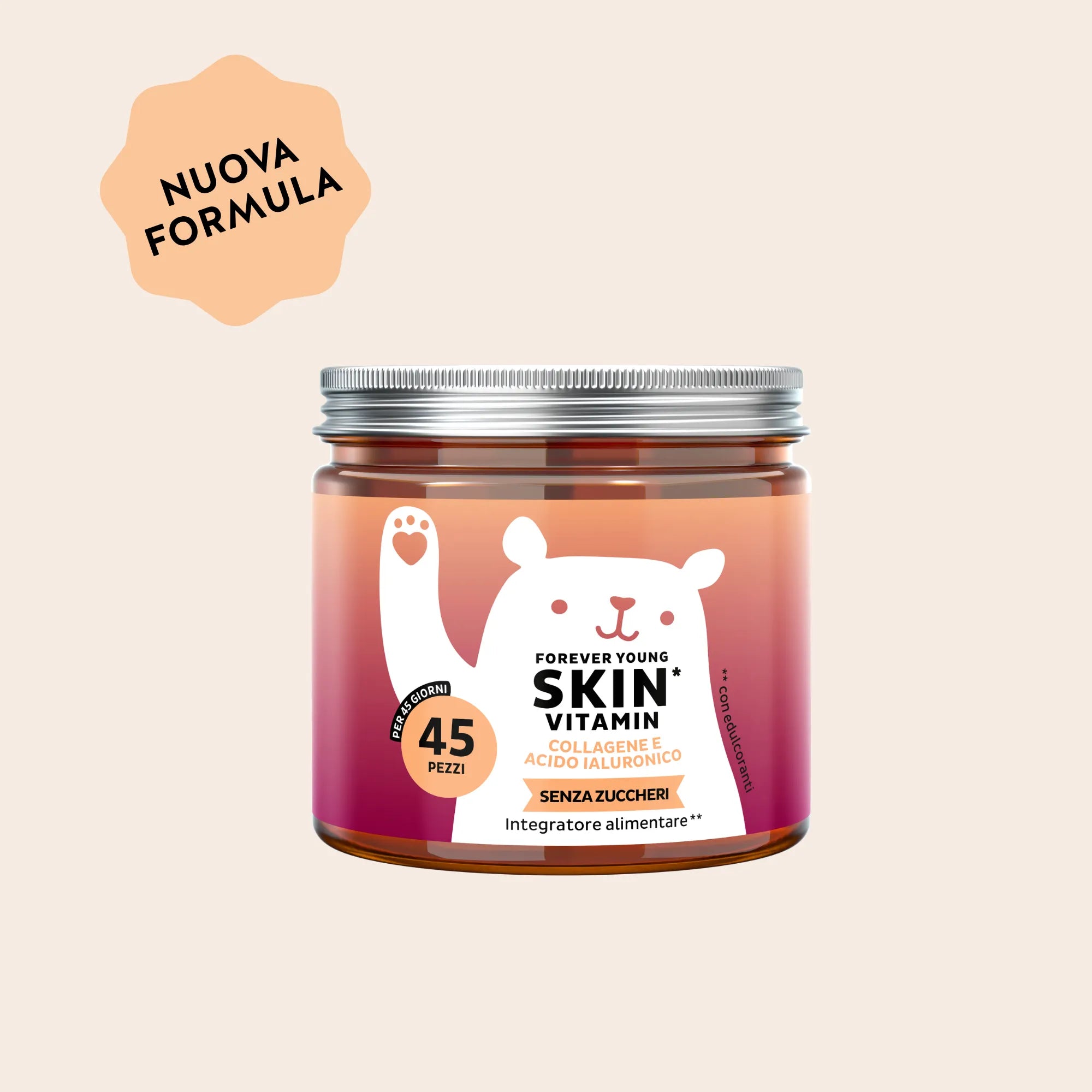 Bears with Benefits Forever Young Skin Vitamin – Caramelle gommose con collagene, acido ialuronico, coenzima Q10, vitamina C e vitamina E per la normale funzione della pelle, 45 pezzi, senza zuccheri