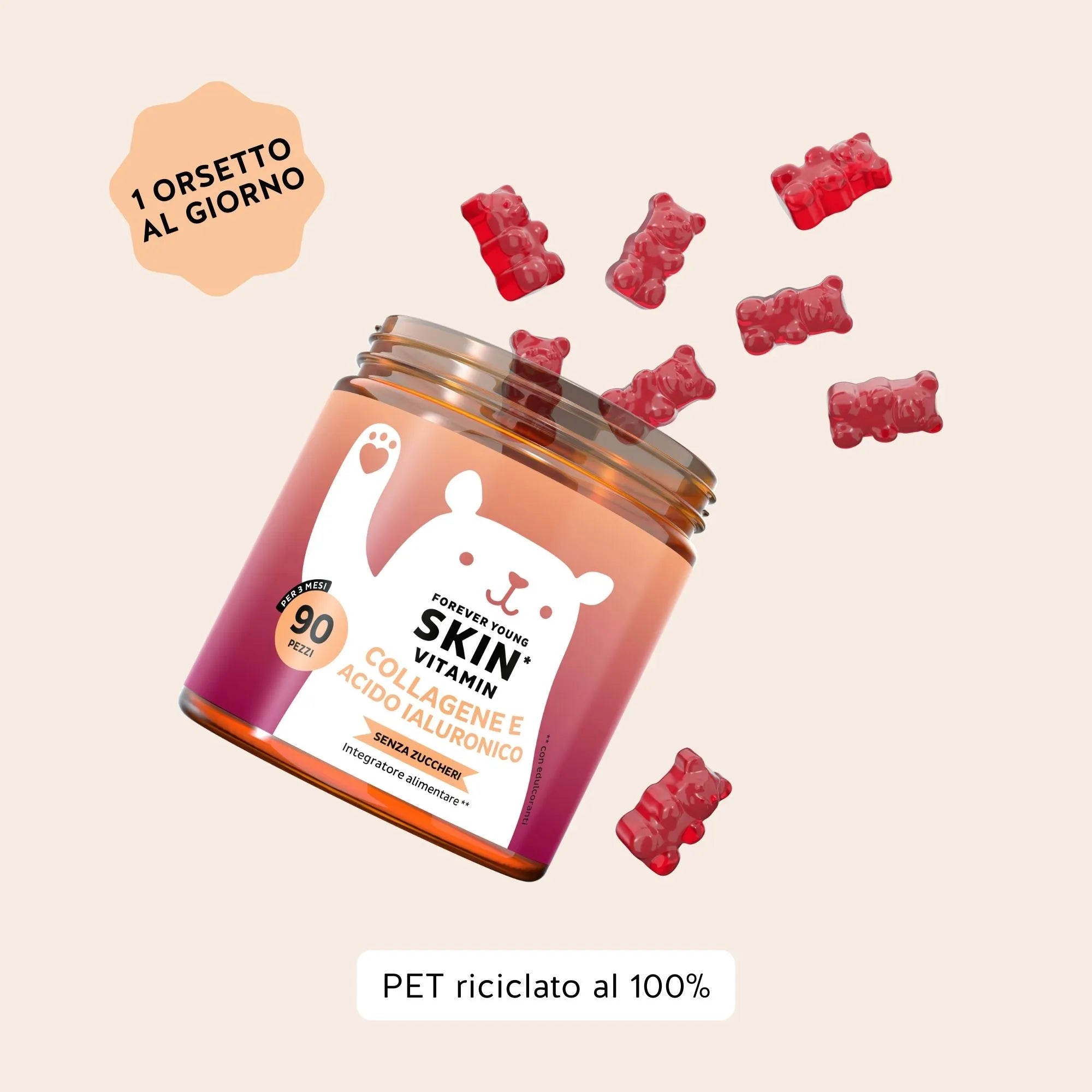 Bears with Benefits Forever Young Skin Vitamin – Assunzione consigliata 1 orsetto gommoso al giorno con collagene, acido ialuronico, coenzima Q10, vitamina C e vitamina E, 90 pezzi, senza zuccheri