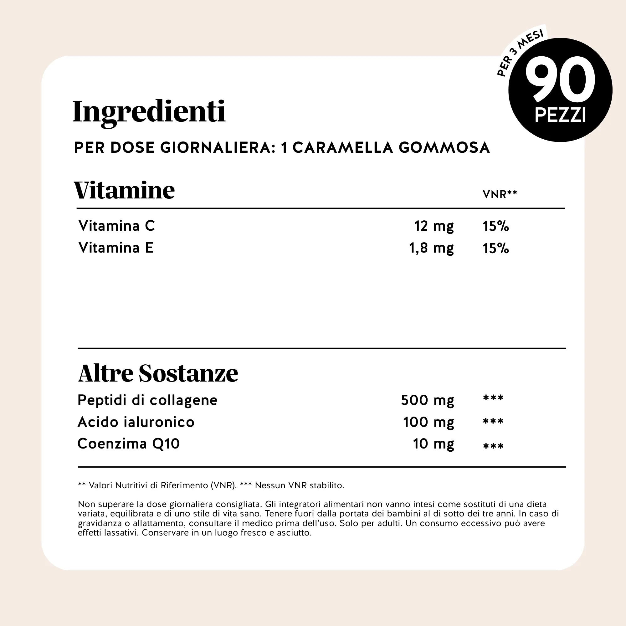 Bears with Benefits Forever Young Skin Vitamin – Tabella ingredienti con vitamina C 12 mg, vitamina E 1,8 mg, peptidi di collagene 500 mg, acido ialuronico 100 mg e coenzima Q10 10 mg per caramella gommosa