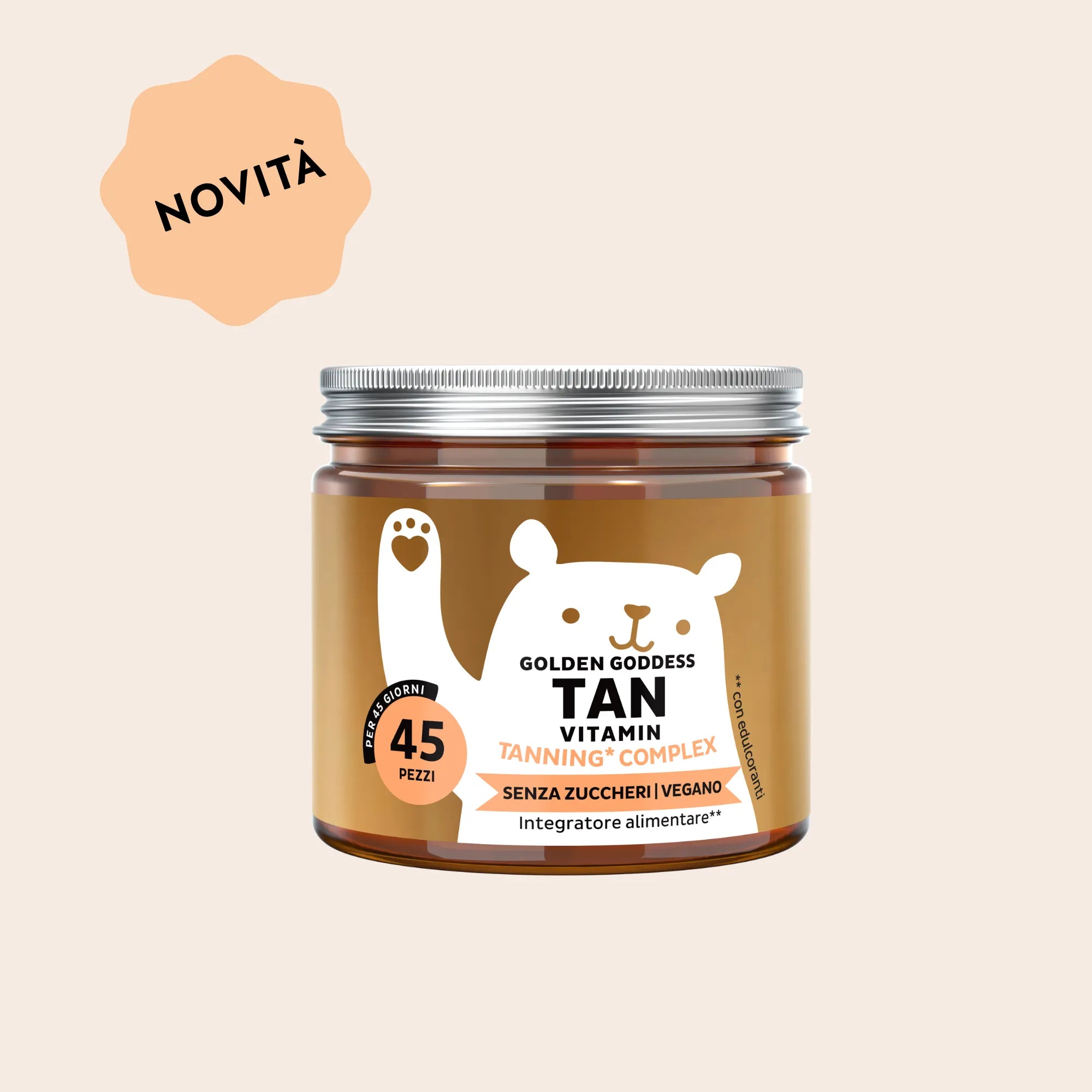 Immagine del barattolo con 45 orsetti gommosi Golden Goddess Tan Vitamin Tanning* Complex di Bears with Benefits, integratore alimentare in caramelle gommose con betacarotene, vitamine C ed E, vitamina D e rame per sostenere una pelle radiosa e un colorito naturalmente uniforme.