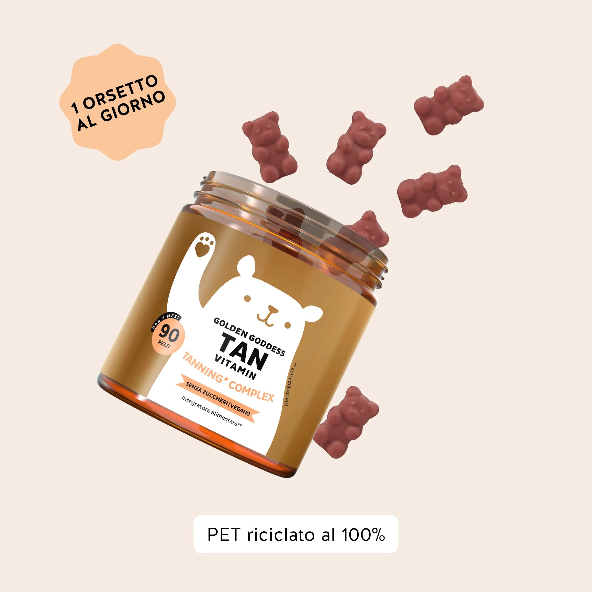 Bears with Benefits Golden Goddess Tan Vitamin Tanning* Complex – Integratore in caramelle gommose da assumere con 1 caramella gommosa al giorno per supportare la pelle e il colorito naturale. Barattolo convenienza con 90 caramelle gommose vegane gusto arancia e mango.