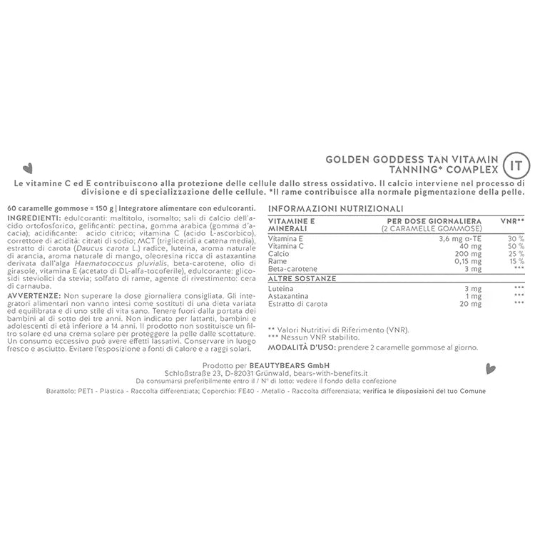 etichetta valori nutrizionali del prodotto Golden Goddess tan con beta carotene da Bears with Benefits.