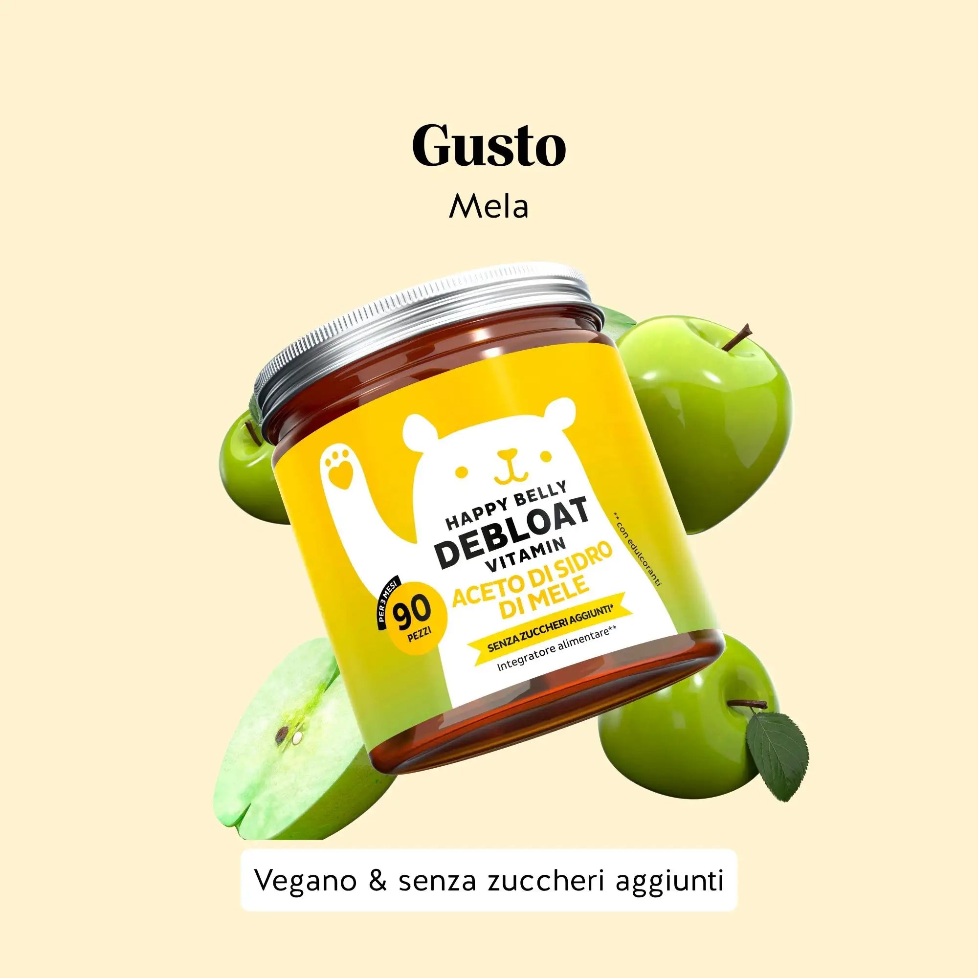 Gusto mela del prodotto Happy Belly Debloat di Bears with Benefits in formato caramelle gommose, per digestione e benessere intestinale.