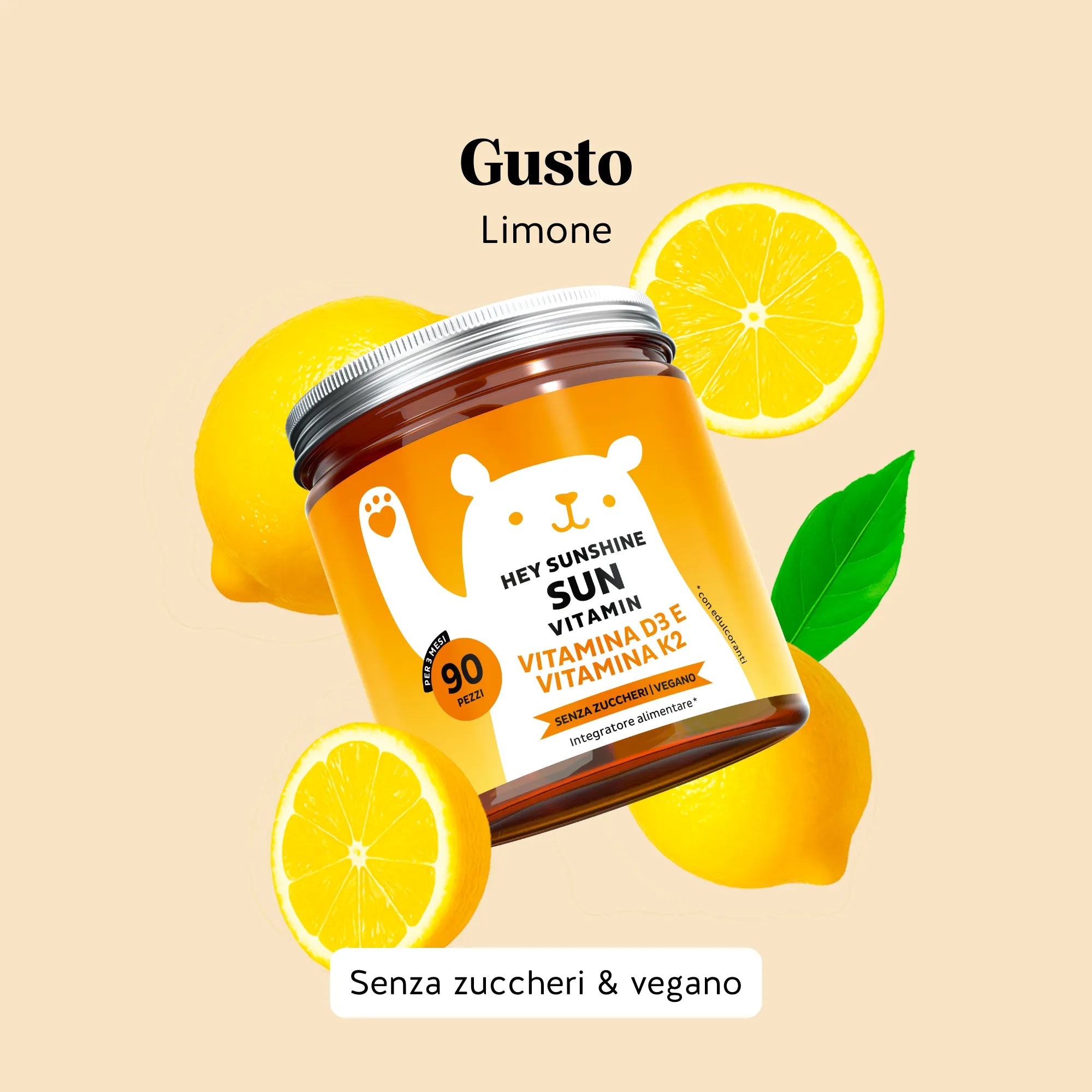 Bears with Benefits Hey Sunshine Sun Vitamin – Caramelle gommose al gusto limone con vitamina D3 e vitamina K2 per la routine quotidiana, 90 pezzi, senza zuccheri e vegane