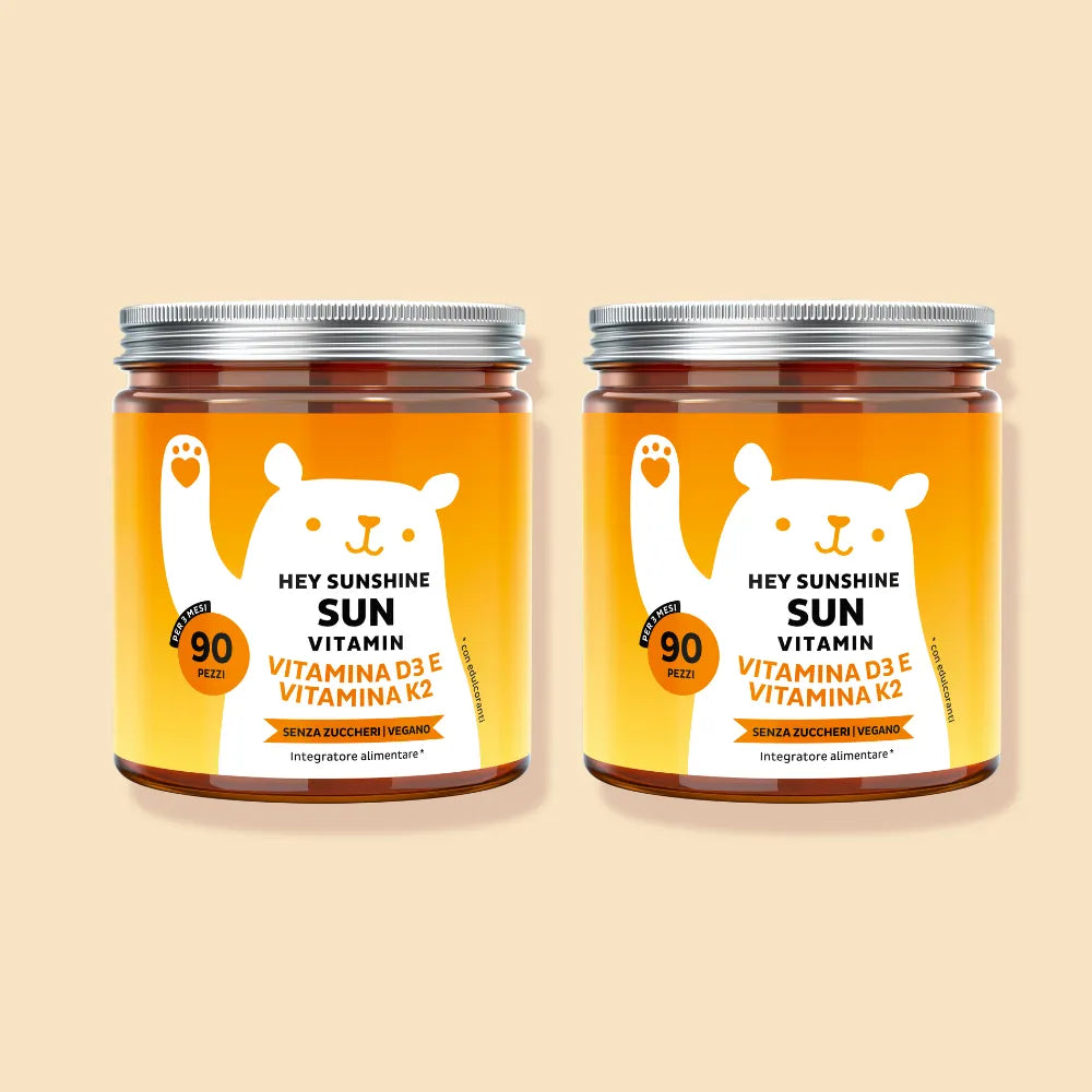 Bears with Benefits Hey Sunshine Sun Vitamin – Caramelle gommose con vitamina D3 e vitamina K2 per sistema immunitario e ossa, pack da 2 barattoli da 90 pezzi, 180 totali, senza zuccheri e vegane
