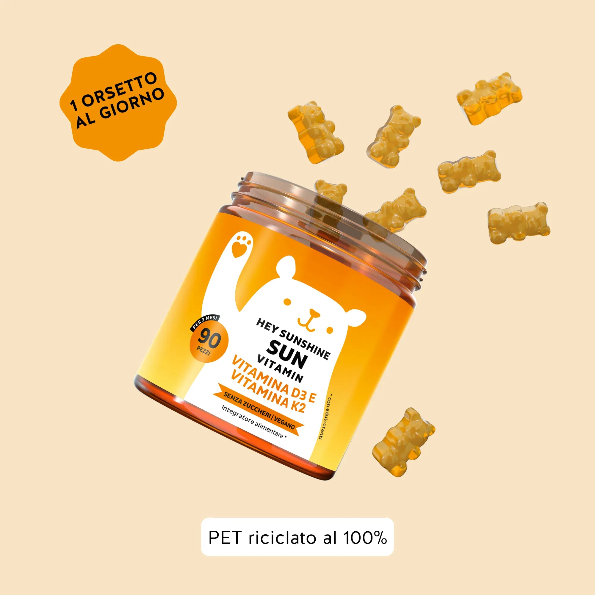 Bears with Benefits Hey Sunshine Sun Vitamin – Assunzione consigliata 1 caramella gommosa al giorno con vitamina D3 e vitamina K2, 90 pezzi, senza zuccheri e vegane