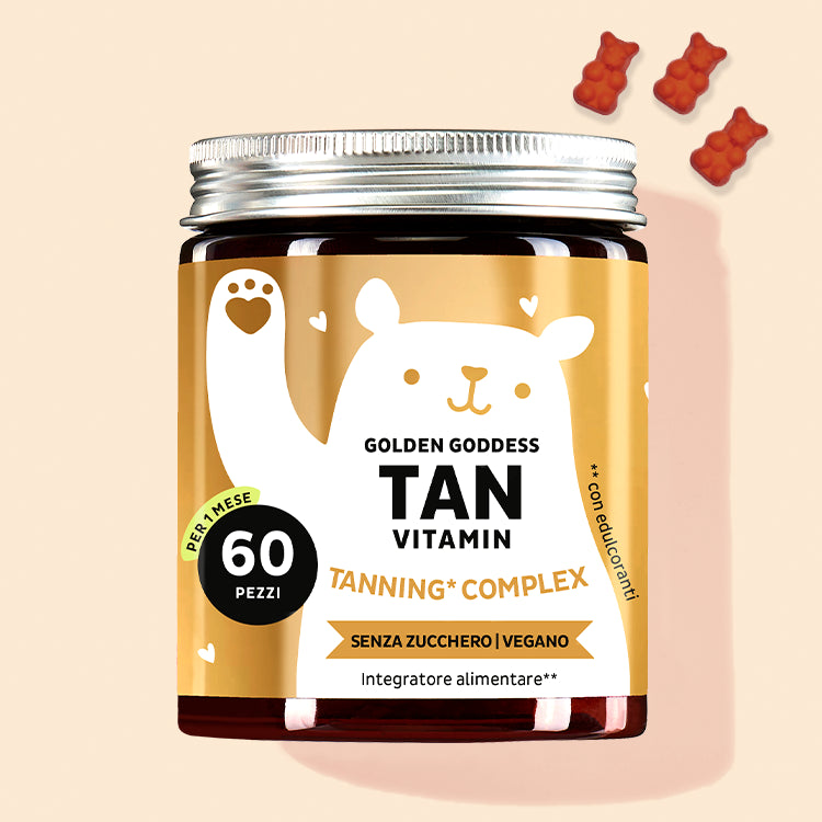 In questa immagine è raffigurata una confezione del prodotto Golden Goddess Tan con Beta Carotene di Bears with Benefits.