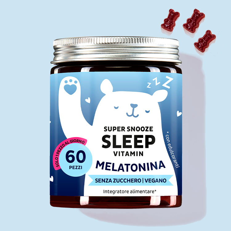Una confezione di Vitamine Super Snooze Sleep con melatonina da Bears with Benefits per un sonno riposante