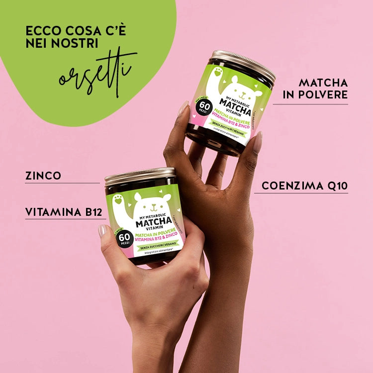 My Metabolic Matcha contiene zinco, vitamina b12, coenzima Q10 e matcha in polvere. Da Bears with Benefits.