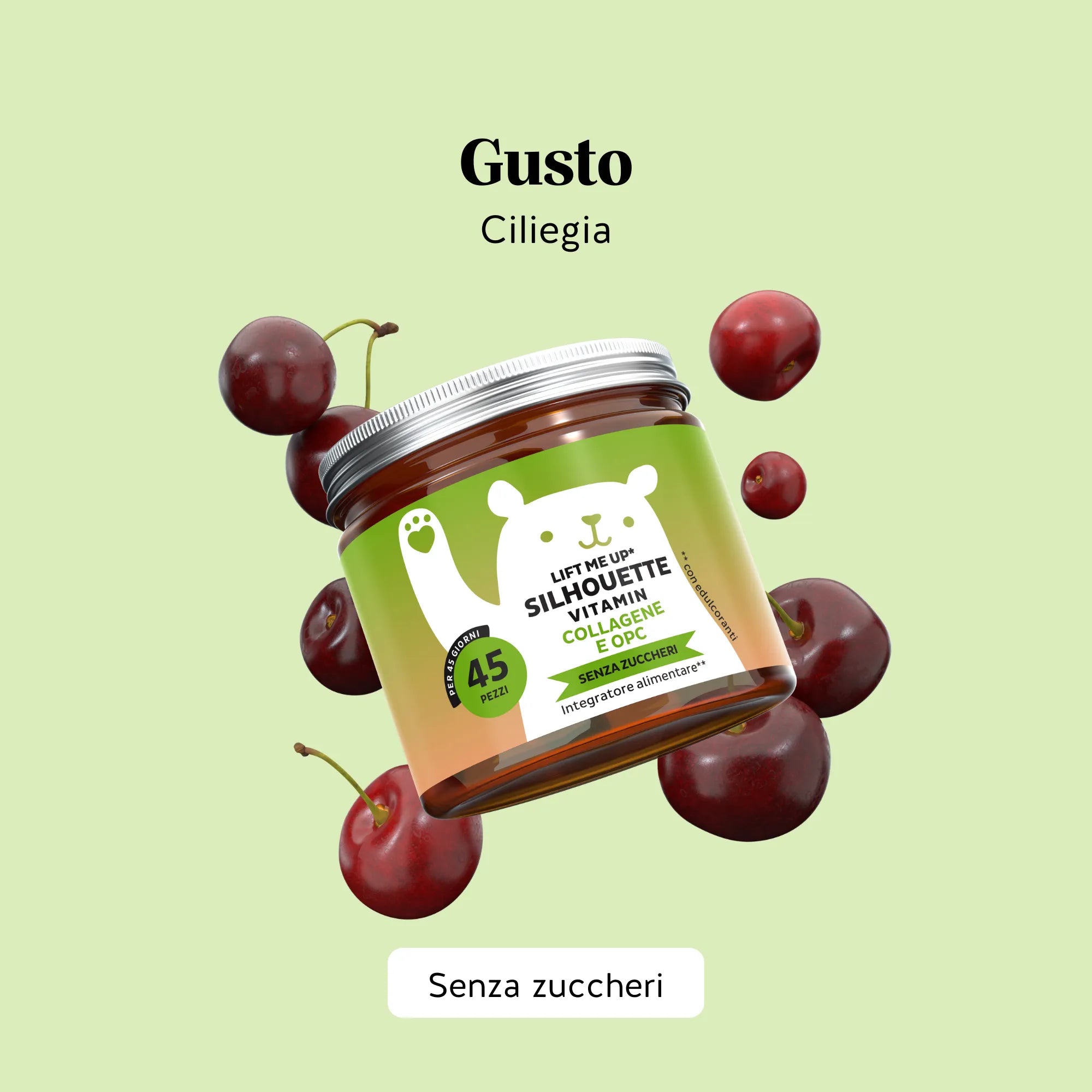 Aroma naturale di ciliegia degli orsetti gommosi Lift me up* SILHOUETTE Vitamin di Bears with Benefits, senza zucchero. Barattolo da 45 unità.
