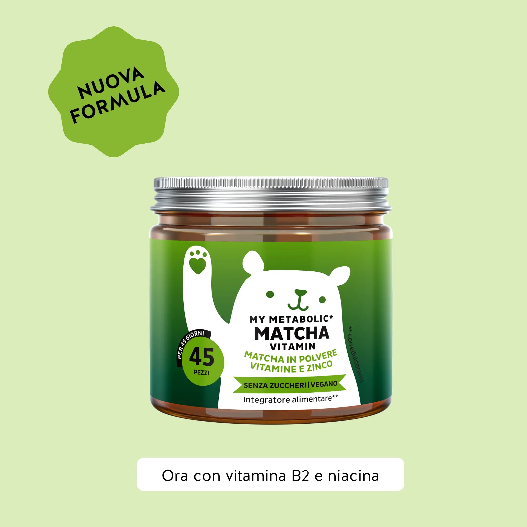 Bears with Benefits My Metabolic Matcha Vitamin – Orsetti gommosi con 80 mg di matcha in polvere, vitamina B12, riboflavina, niacina e zinco per il normale metabolismo energetico, 45 pezzi, senza zuccheri e vegani.