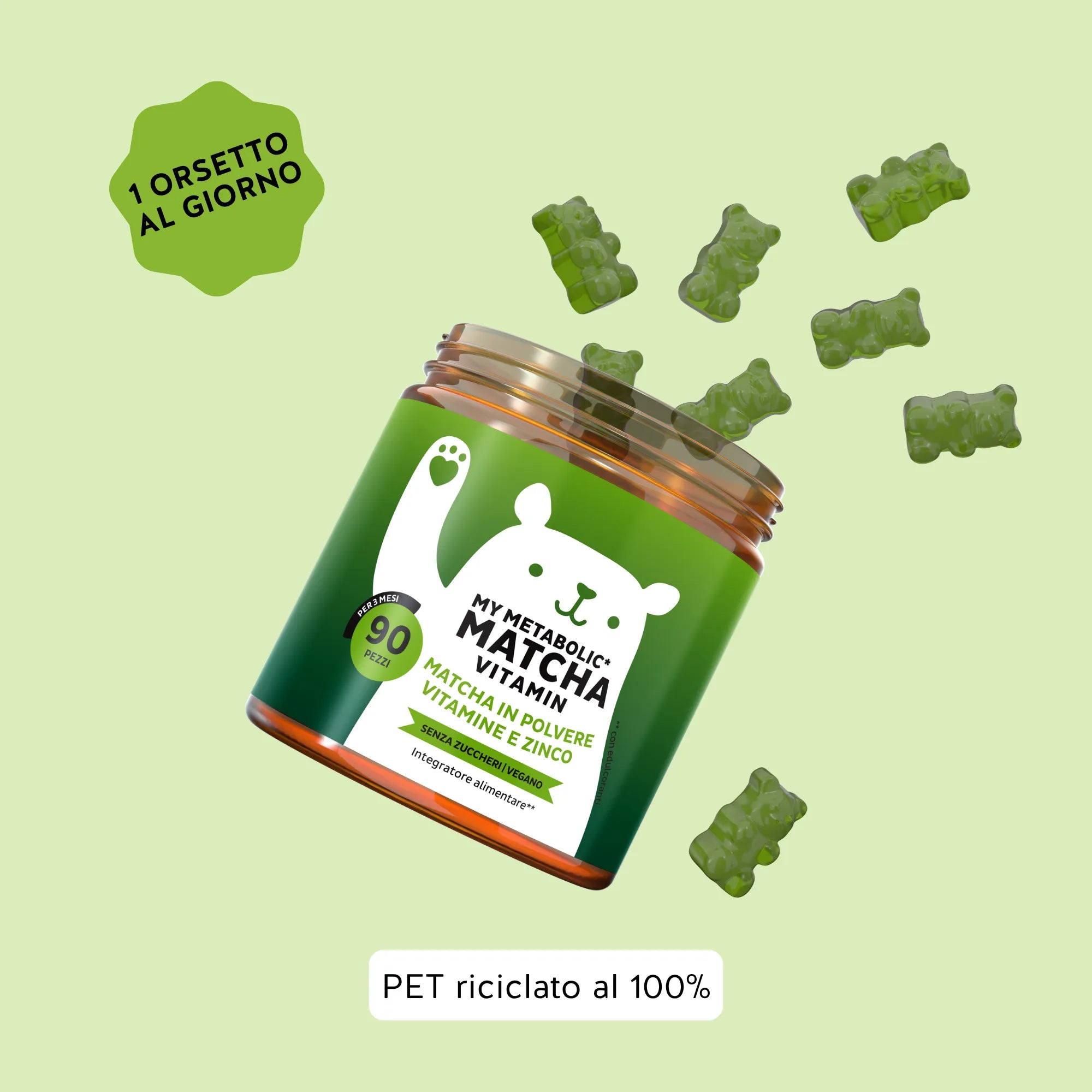 Bears with Benefits My Metabolic Matcha Vitamin – Assunzione consigliata 1 orsetto gommoso al giorno con 80 mg di matcha in polvere, vitamina B12, riboflavina, niacina e zinco, 45 pezzi, senza zuccheri