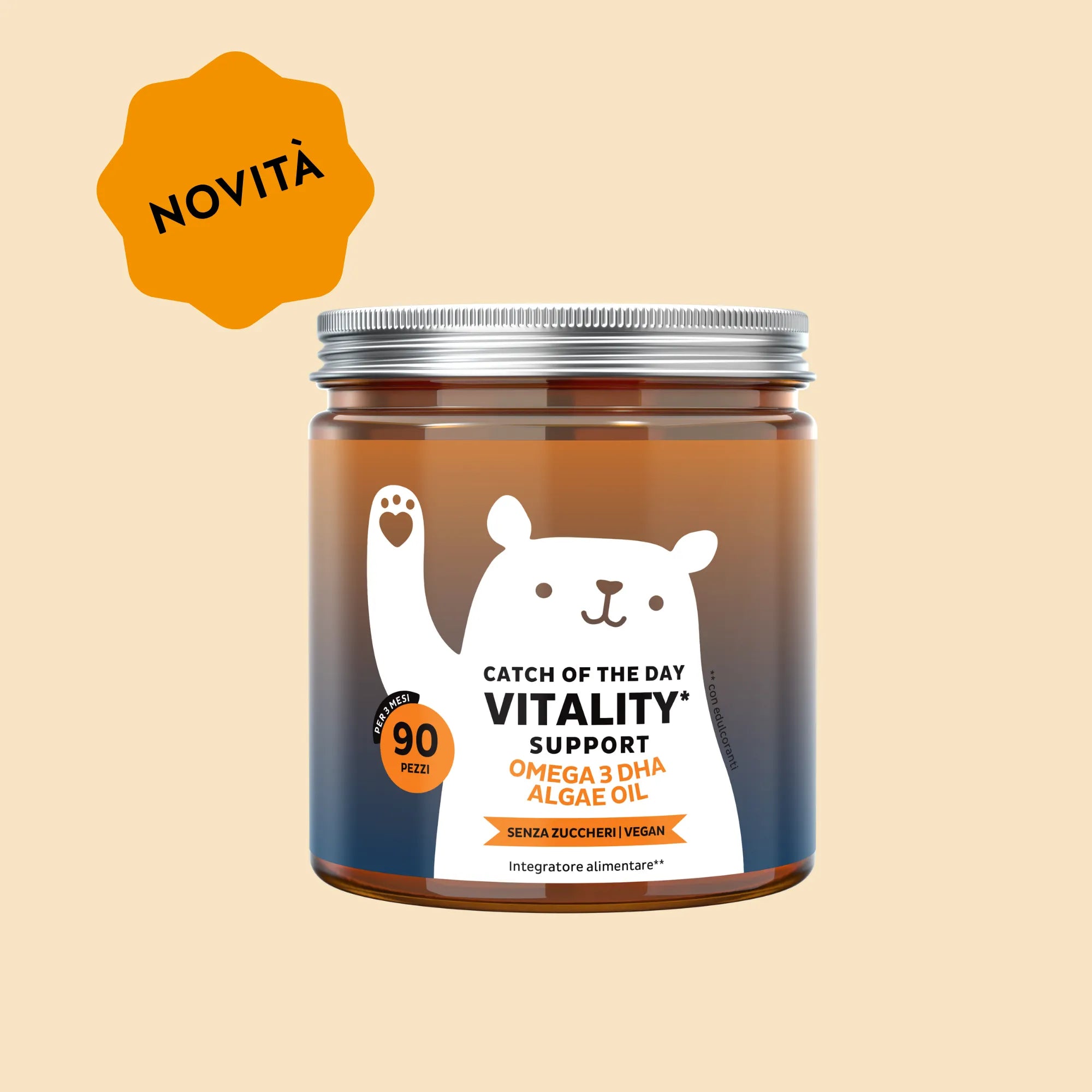 Immagine del barattolo da 90 orsetti di Catch Of The Day Vitality* Support di Bears with Benefits, formula vegana senza zucchero con aroma naturale di arancia, con vitamina C e DHA da microalghe.
