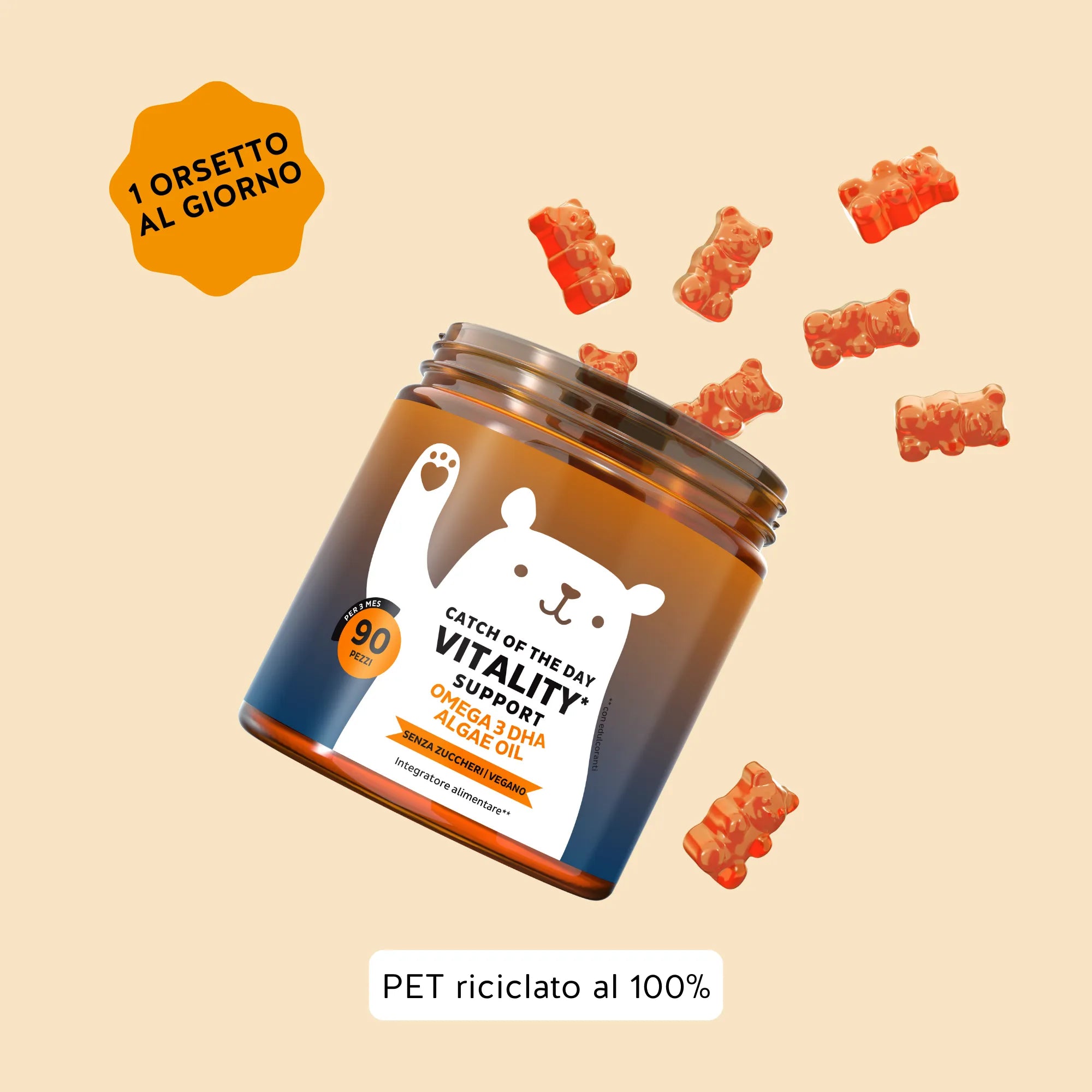 Raccomandazione di consumo di Catch Of The Day Vitality* Support di Bears with Benefits: 1 caramella gommosa al giorno. Formato barattolo da 90 orsetti.