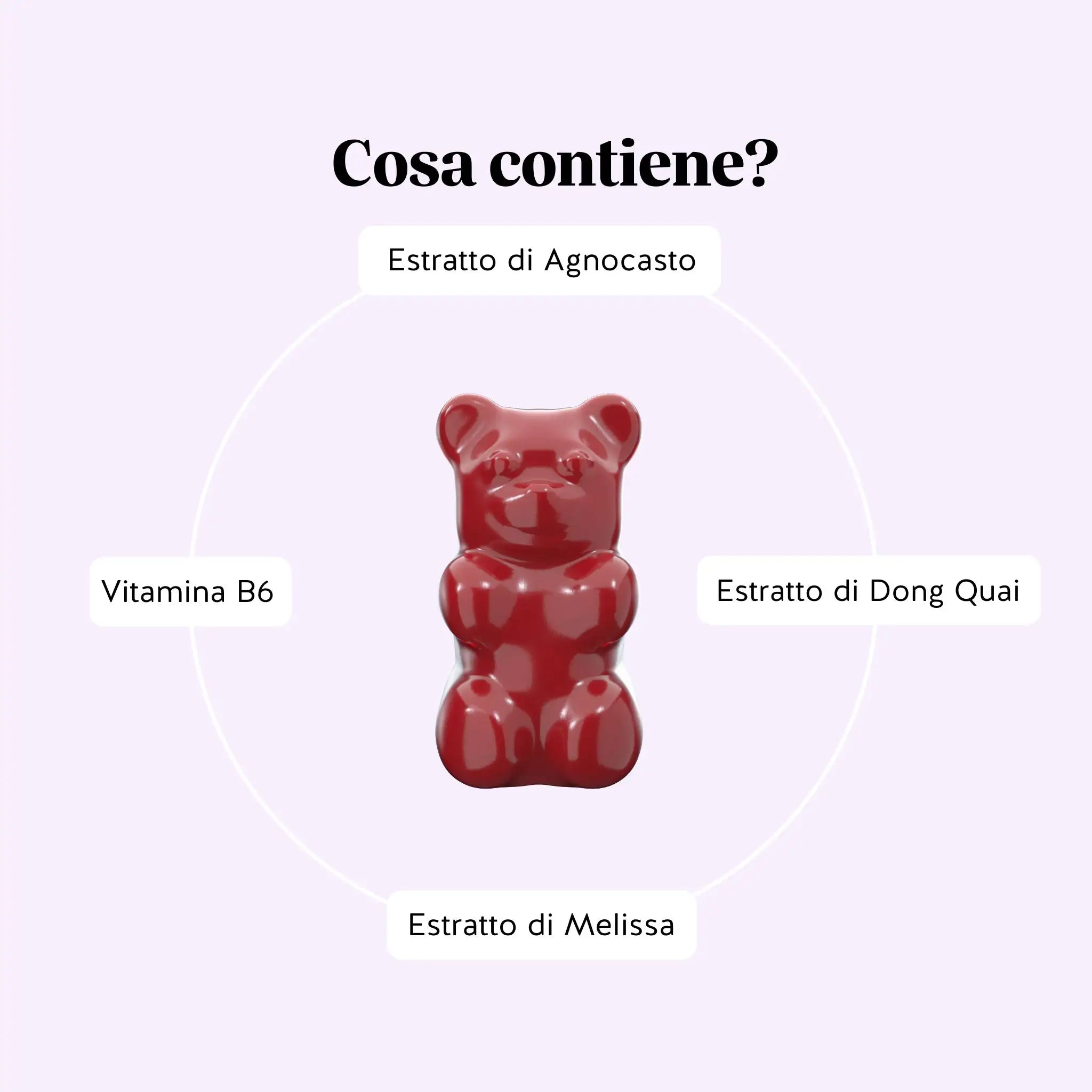 Ingredienti contenuti nel prodotto Femtastic PMS* Vitamin di Bears with Benefits in formato caramelle gommose, per il supporto dell’equilibrio ormonale e del benessere femminile.
