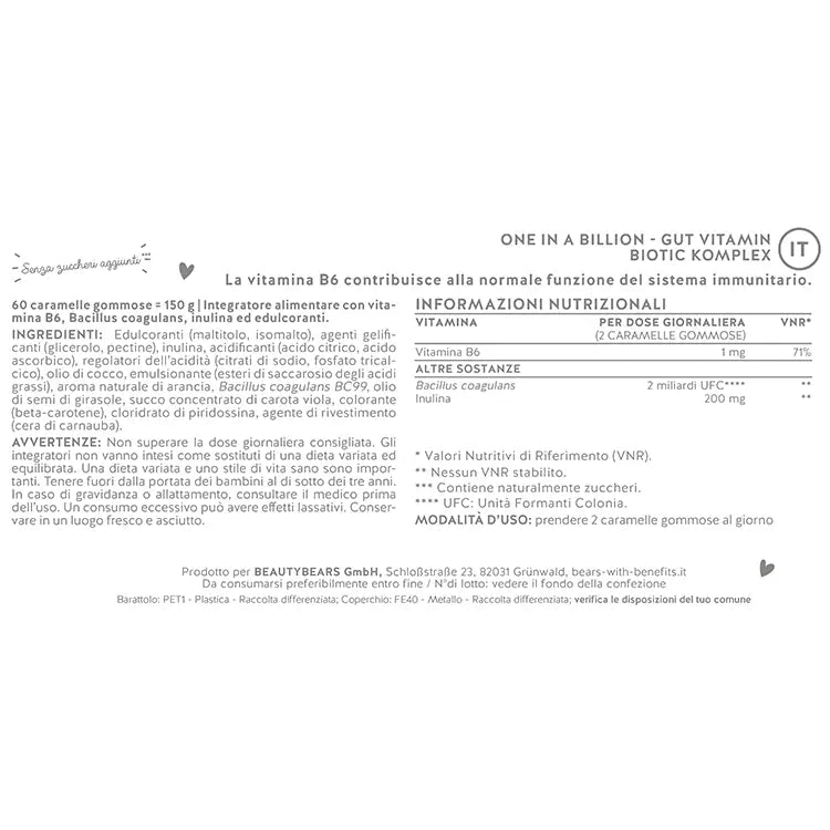 Etichetta con i valori nutrizionali del prodotto One in a Billion Gut con probiotici da Bears with Benefits.