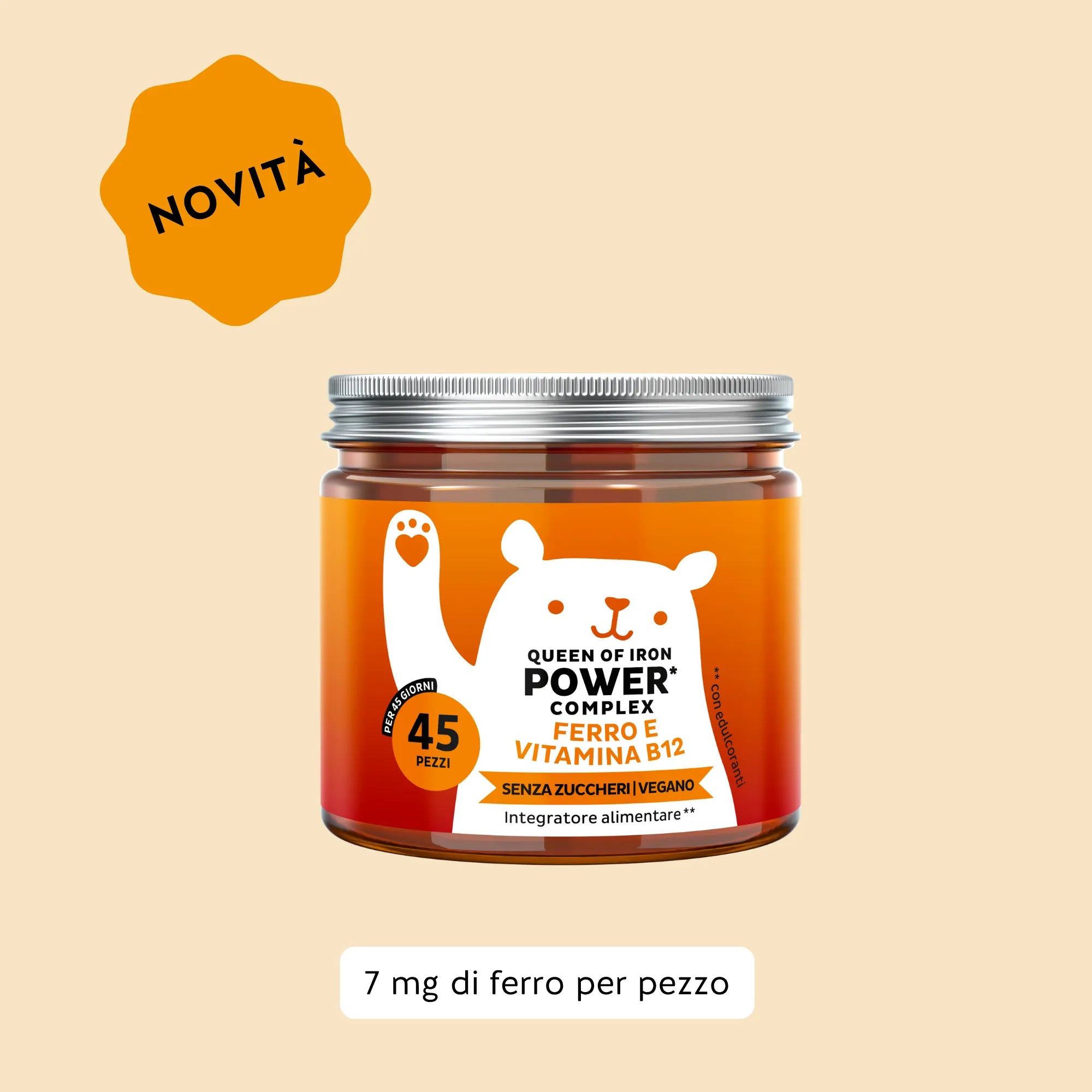 Immagine del barattolo da 45 unità del prodotto Queen of Iron di Bears with Benefits in formato caramelle gommose, per energia e benessere.