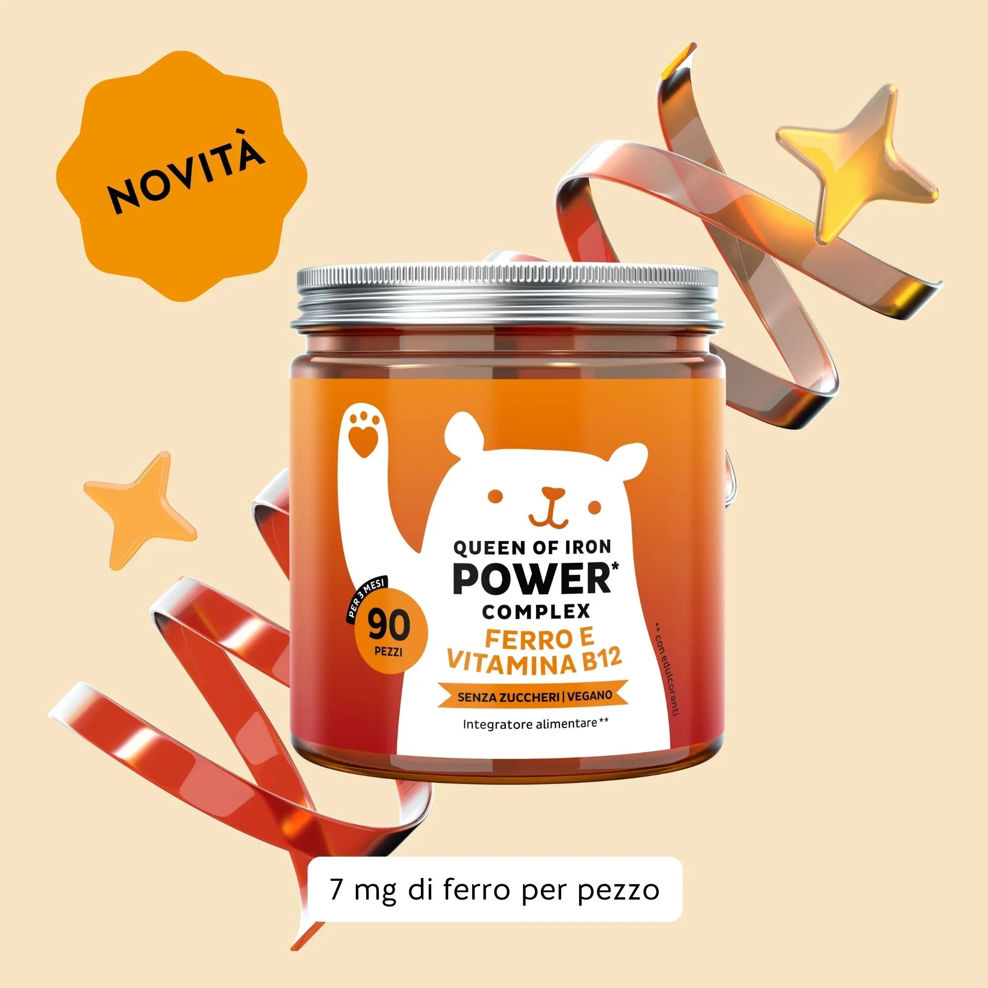 Immagine del barattolo da 90 unità del prodotto Queen of Iron di Bears with Benefits in formato caramelle gommose, per energia e benessere.