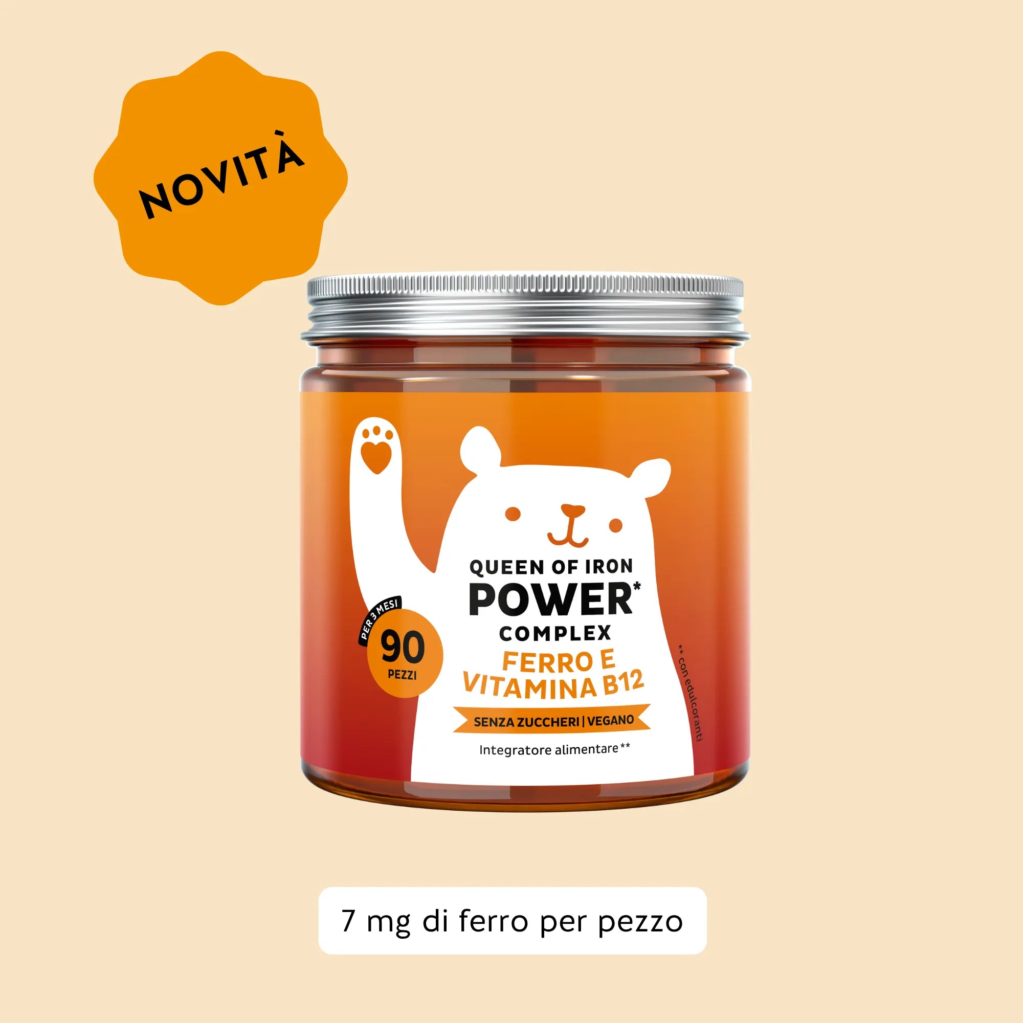 Immagine del barattolo da 90 unità del prodotto Queen of Iron di Bears with Benefits in formato caramelle gommose, per energia e benessere.