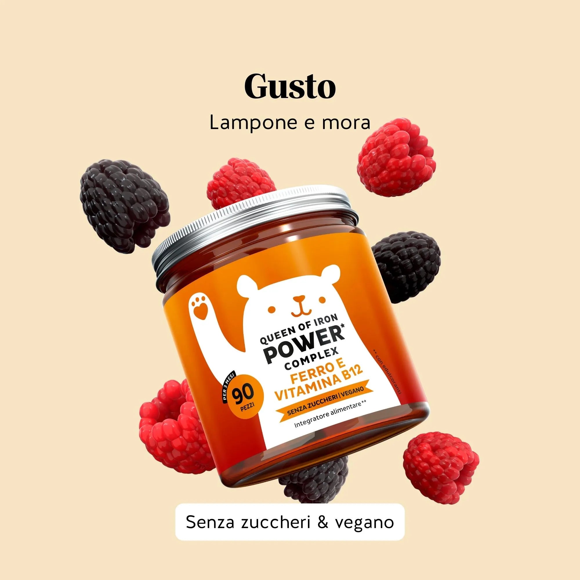 Gusto lampone e mora del prodotto Queen of Iron di Bears with Benefits in formato caramelle gommose, per energia e benessere.