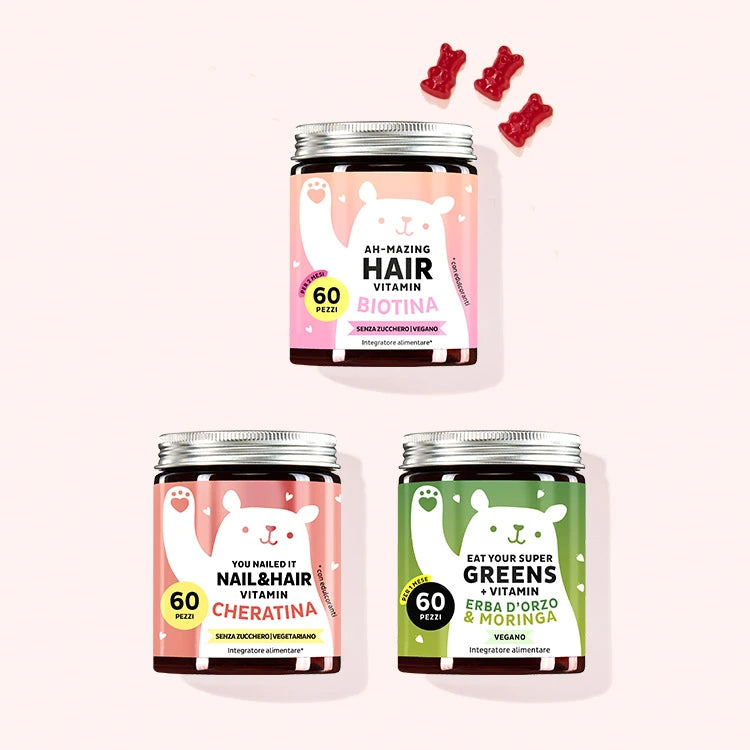 Set di tre prodotti "Set sostegno completo ai capelli" composto da: Ah-Mazing hair con biotina, You Nailed it con cheratina e Eat your Super Greens con erba d'orzo e moringa da Bears with Benefits.