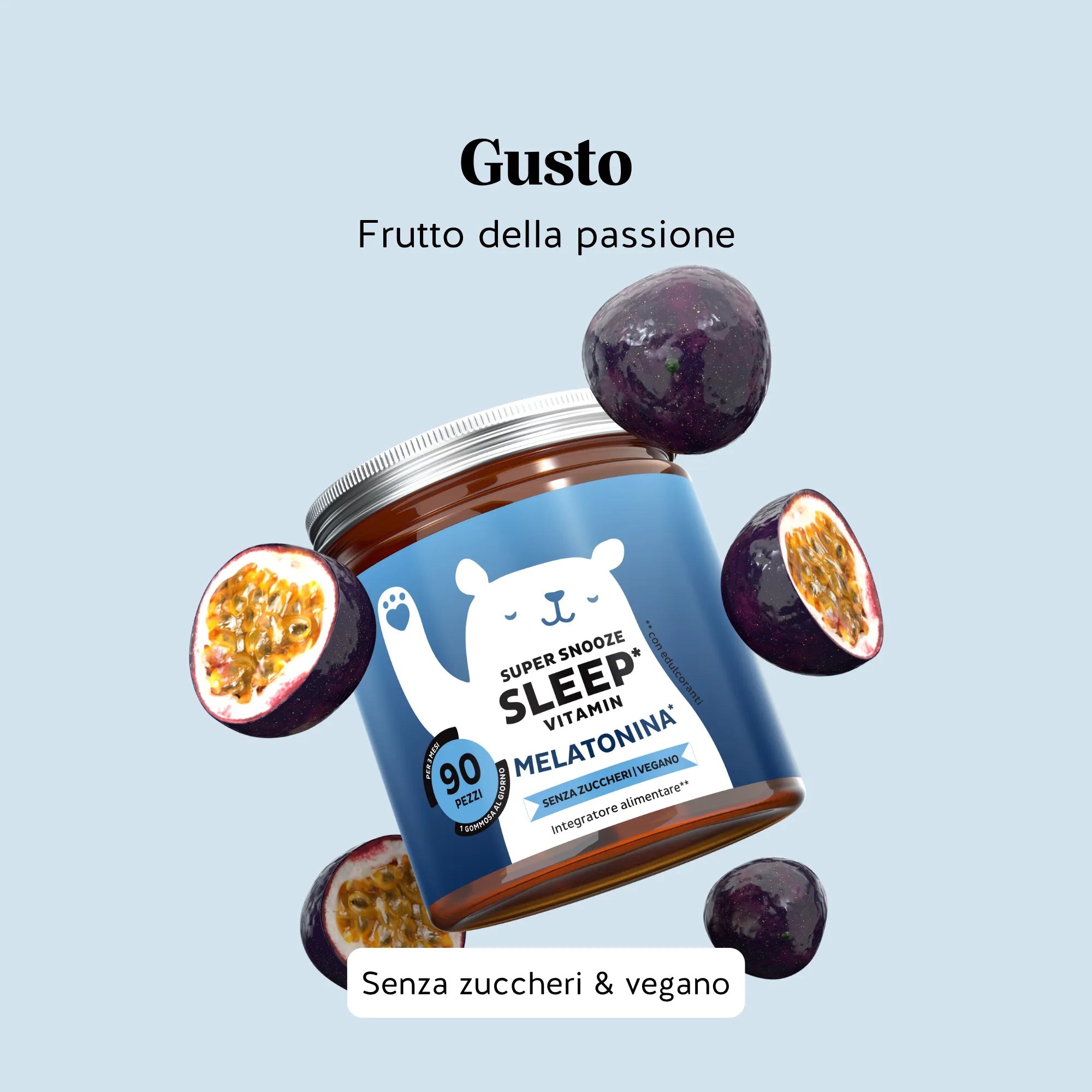 Bears with Benefits Super Snooze Sleep* – Caramelle gommose al gusto naturale di frutto della passione con melatonina e vitamina B6 per la routine serale, 90 pezzi, senza zuccheri e vegane