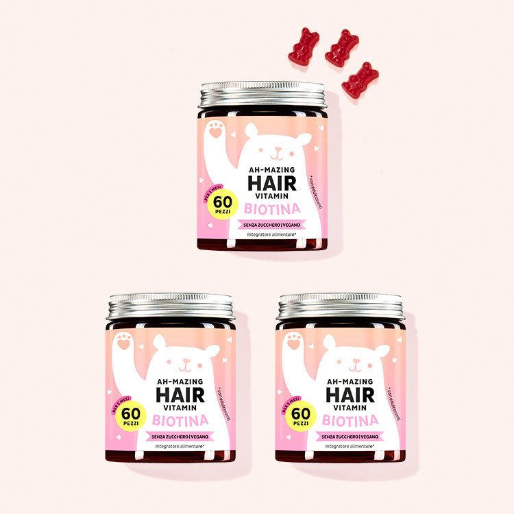 Tre confezioni di Ah mazing Hair con biotina per un trattamento di 6 mesi. Da Bears with Benefits