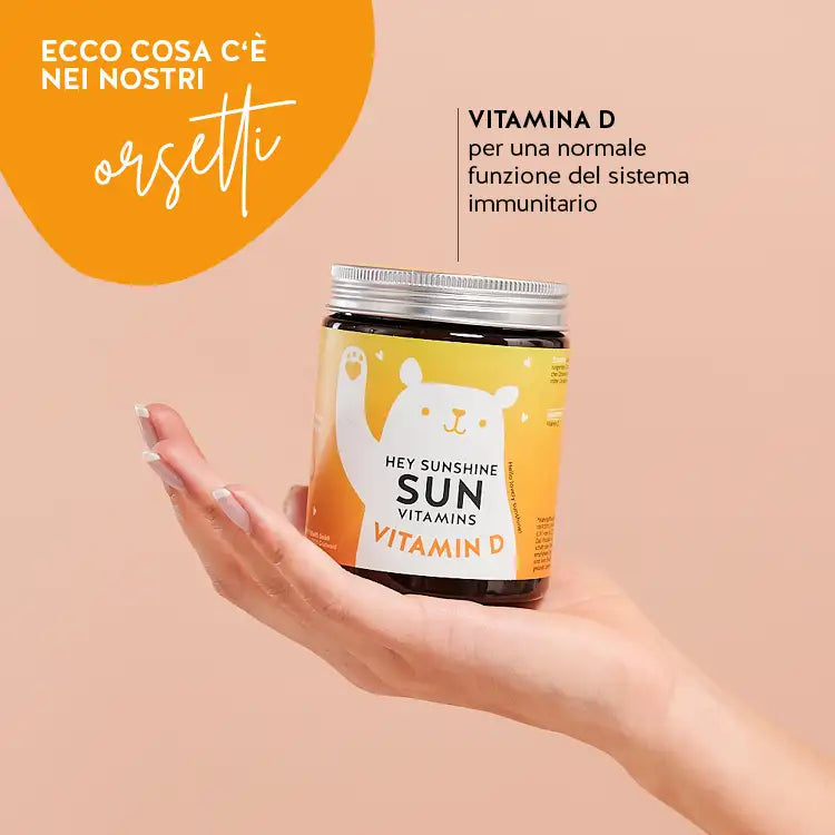 Questi ingredienti e nutrienti sono contenuti nelle vitamine solari Hey Sunshine di Bears with Benefits: Vitamina D