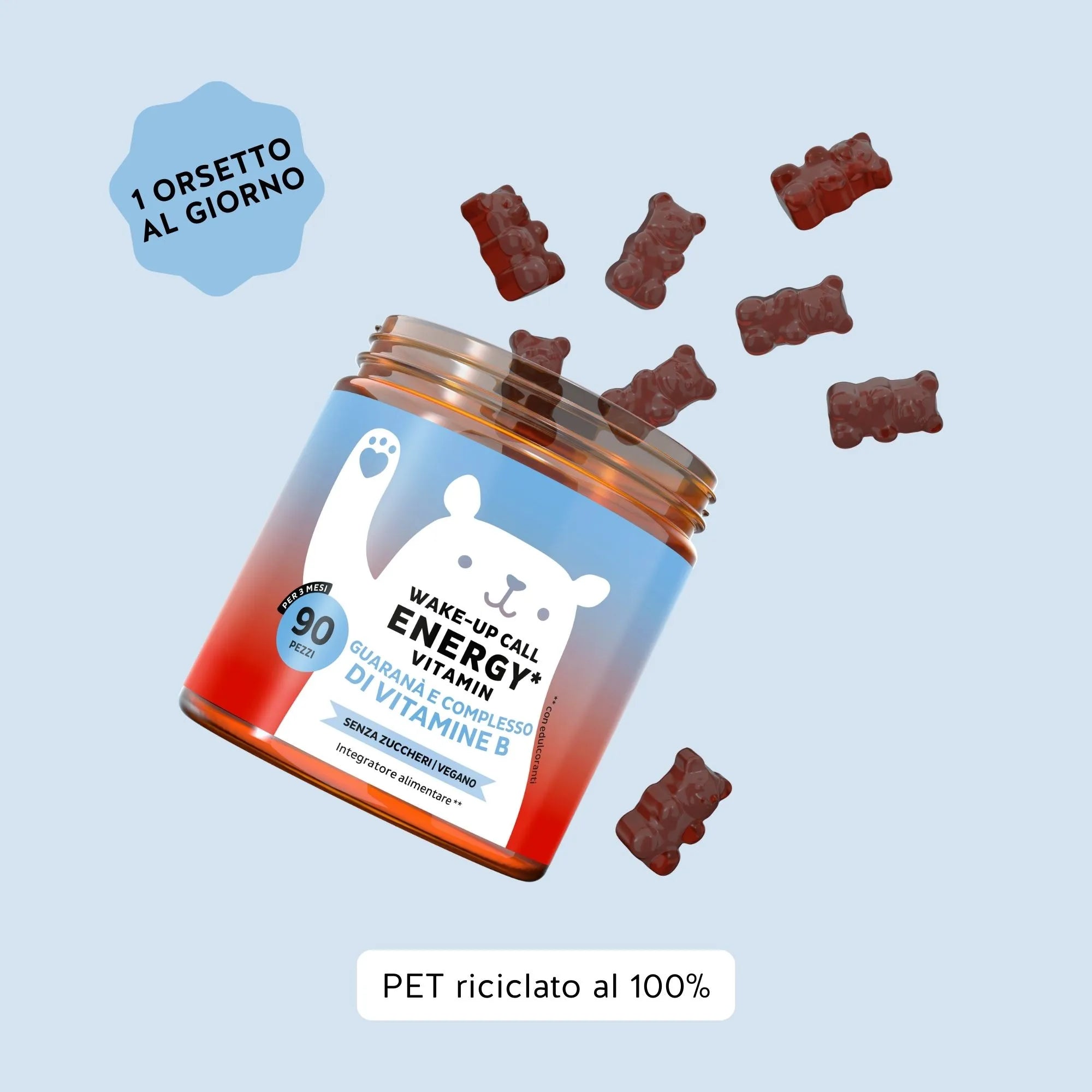 Raccomandazione di consumo del prodotto Wake Up Call Energy di Bears with Benefits in formato caramelle gommose, per energia fisica e mentale.