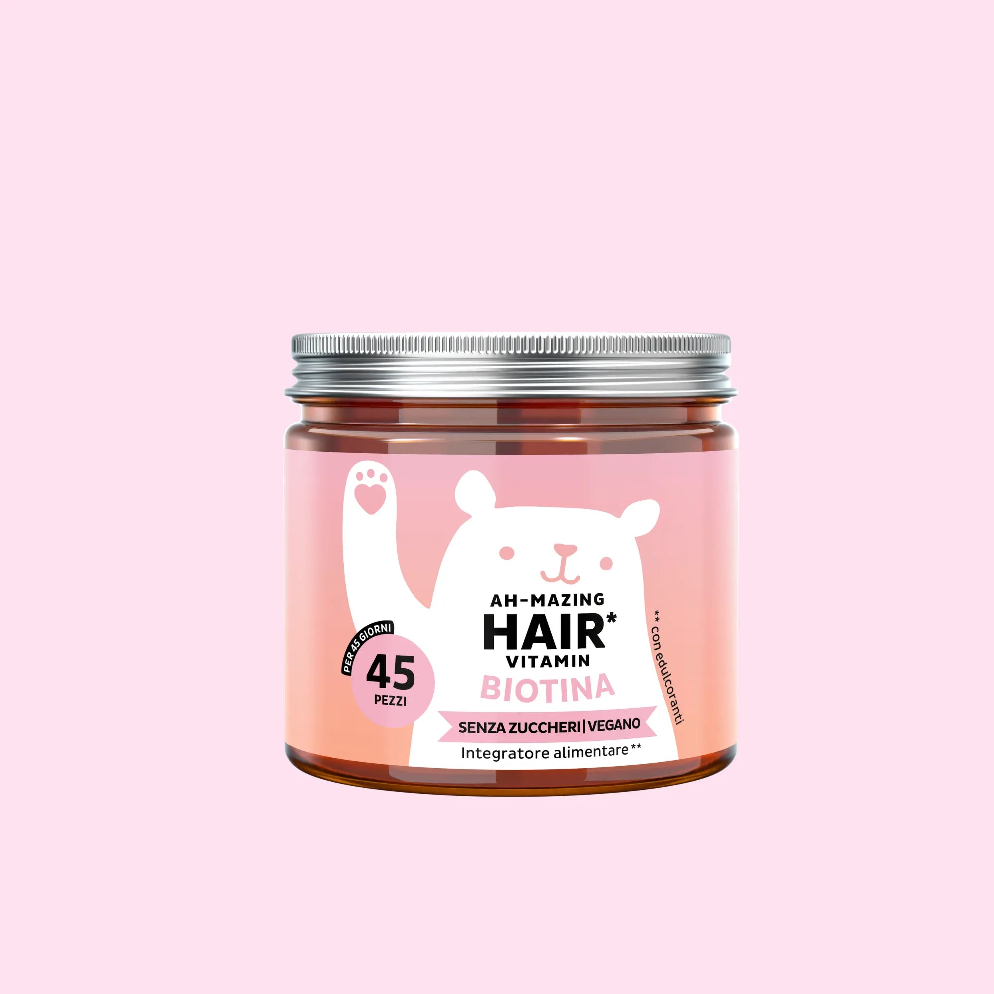 Immagine del barattolo con 45 orsetti gommosi Ah-mazing Hair* Biotina - Senza zucchero di Bears with Benefits, vitamine per capelli con biotina ad alto dosaggio in formato caramelle gommose per supportare capelli, pelle e unghie.