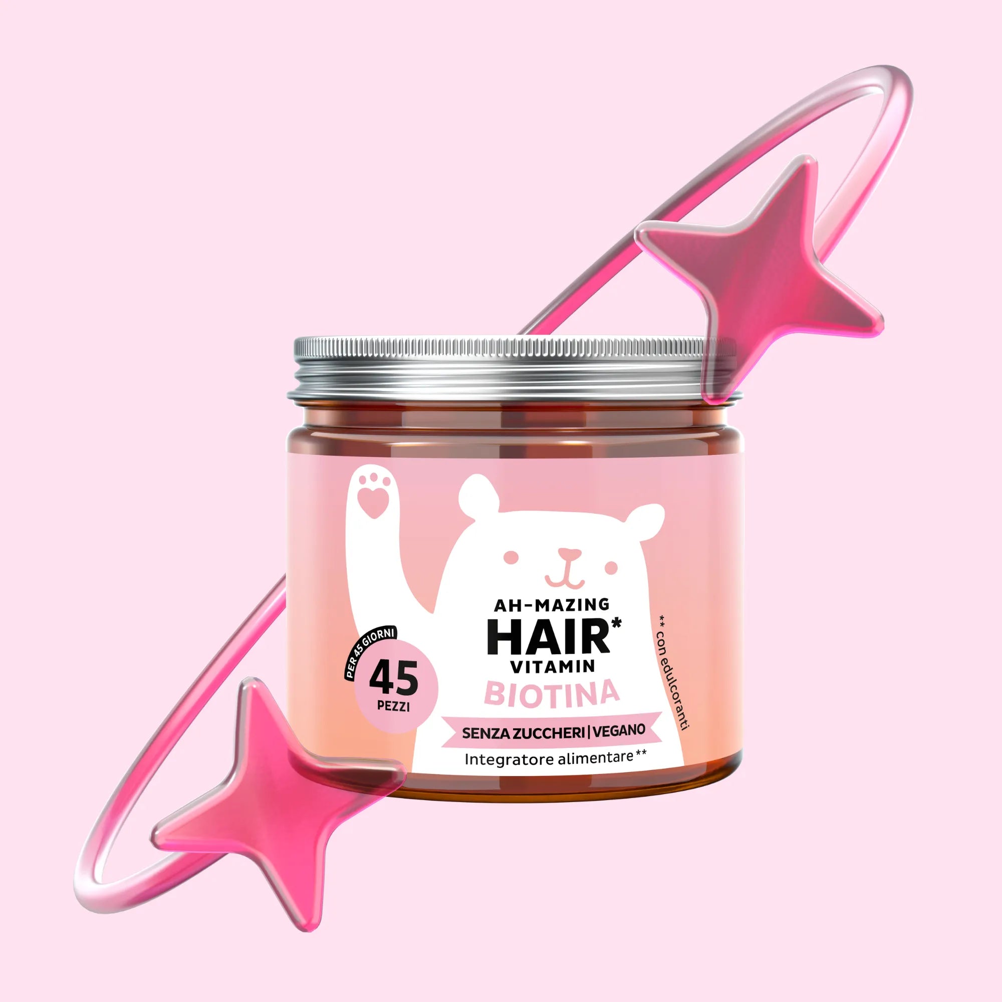 Immagine del barattolo con 45 orsetti gommosi Ah-mazing Hair* Biotina - Senza zucchero di Bears with Benefits, vitamine per capelli con biotina ad alto dosaggio in formato caramelle gommose per supportare capelli, pelle e unghie.