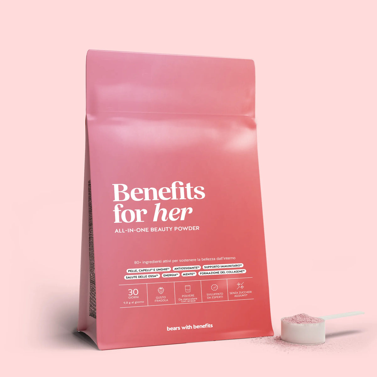Bears with Benefits Benefits for Her – busta di collagene in polvere con vitamine e minerali per donna, 30 dosi gusto fragola.