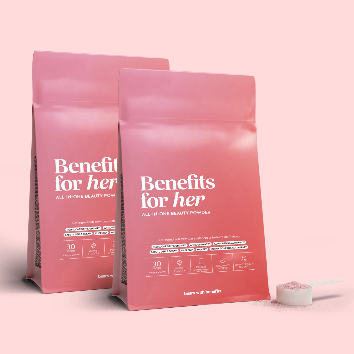Bears with Benefits Benefits for Her – due buste di collagene in polvere con vitamine e minerali, 2 x 30 dosi gusto fragola.