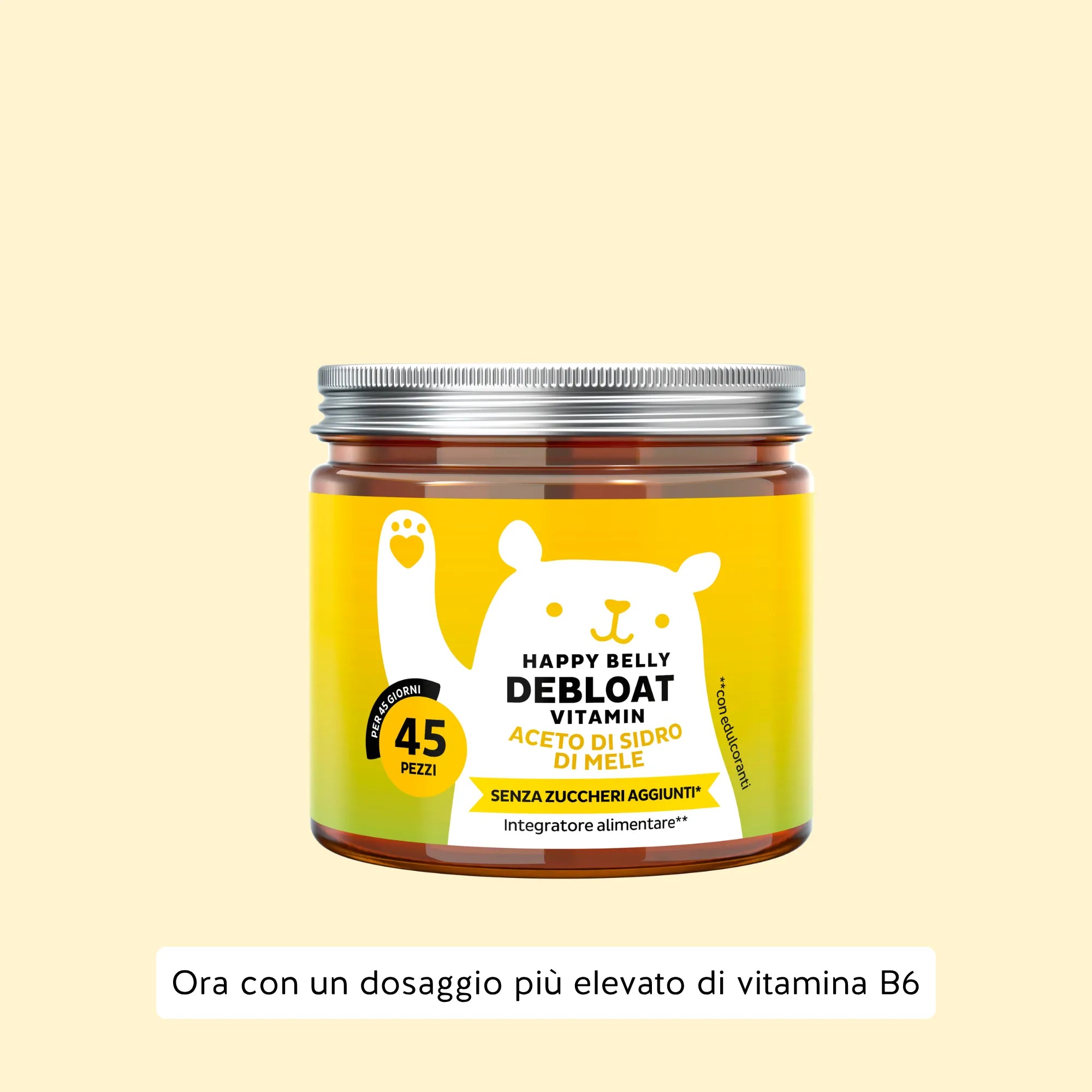 Immagine del barattolo da 45 unità del prodotto Happy Belly Debloat di Bears with Benefits in formato caramelle gommose, per digestione e benessere intestinale.