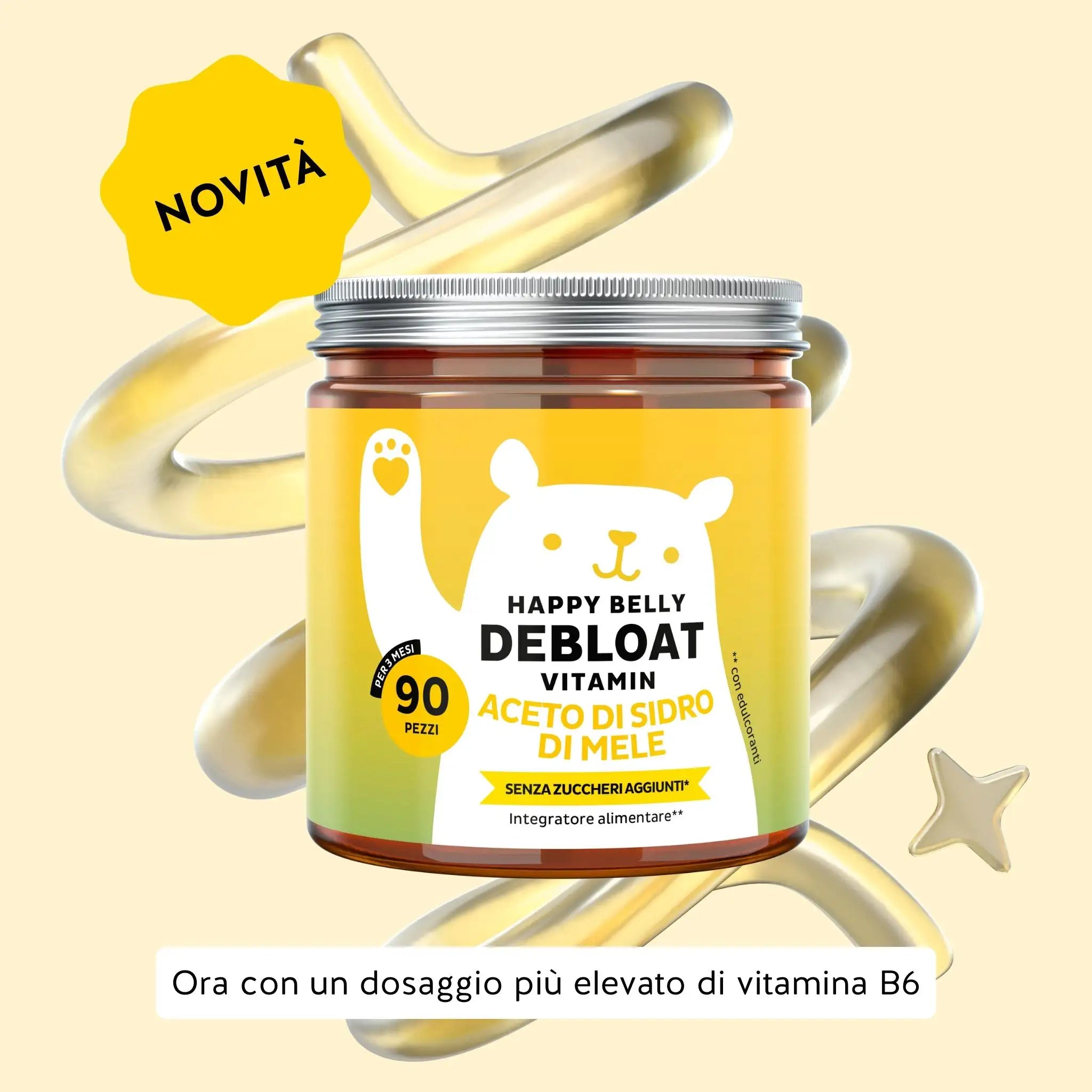 Immagine del barattolo da 90 unità del prodotto Happy Belly Debloat di Bears with Benefits in formato caramelle gommose, per digestione e benessere intestinale.